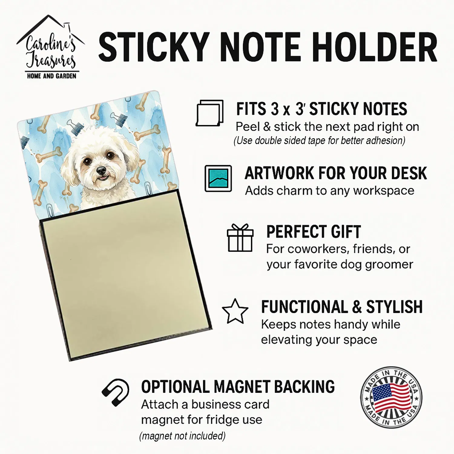 White and Cream Bichon Frise Coworker Watercolor Sticky Note Holder Refillable Dispenser Desk Accessory 3x3 Pad Gift photo 4