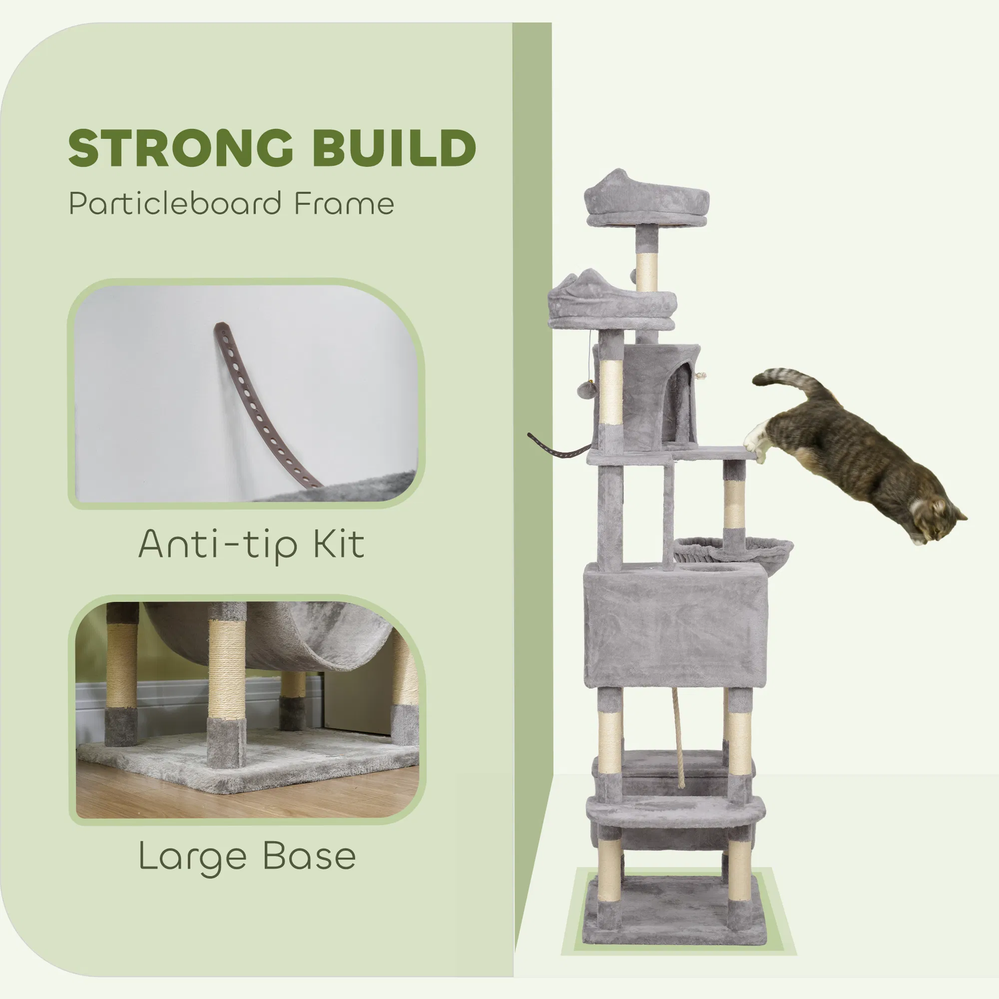 81" Large Cat Tree w/ Scratching Posts, Condos, Beds, Hammocks, Jumping Platforms, Toy Balls, Rope Cat Toy, Light Grey photo 6