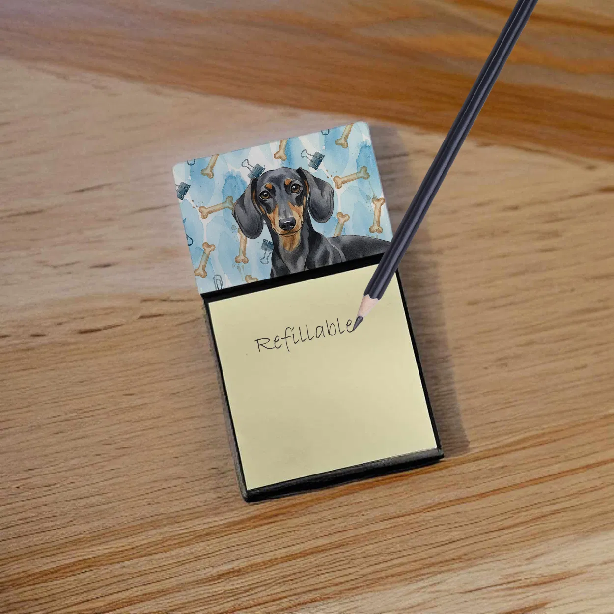 Black and Tan Dachshund Coworker Watercolor Sticky Note Holder Refillable Dispenser Desk Accessory 3x3 Pad Gift photo 6