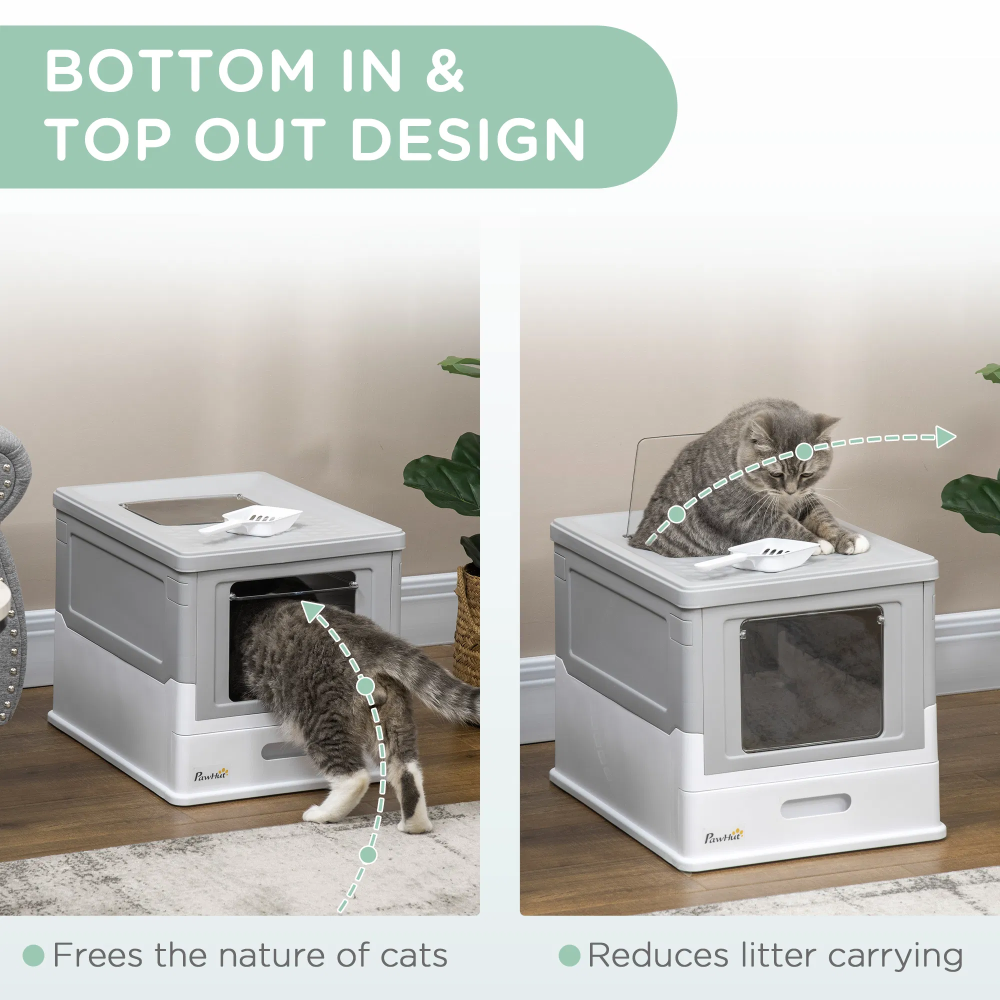 Top Entry Enclosed Kitty Litter Box with Scoop, Tray, Front Entry, Large Space, Foldable, Portable, Grey photo 5