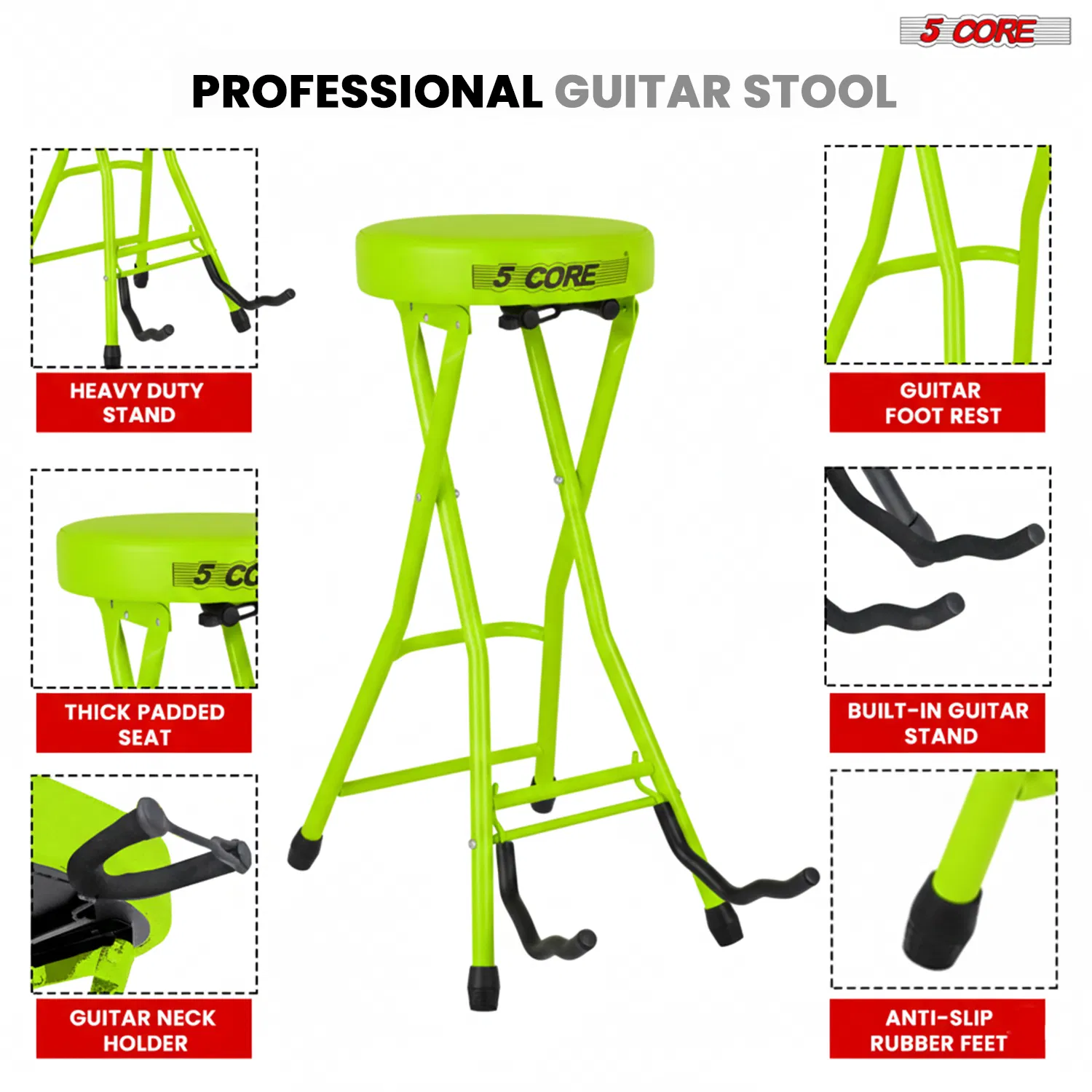 5 CORE Guitar Stool Seat Thick Cushioned Portable Durable Guitars Chair with Padded Holder Stand for Musicians - GSTOOL BLK photo 4