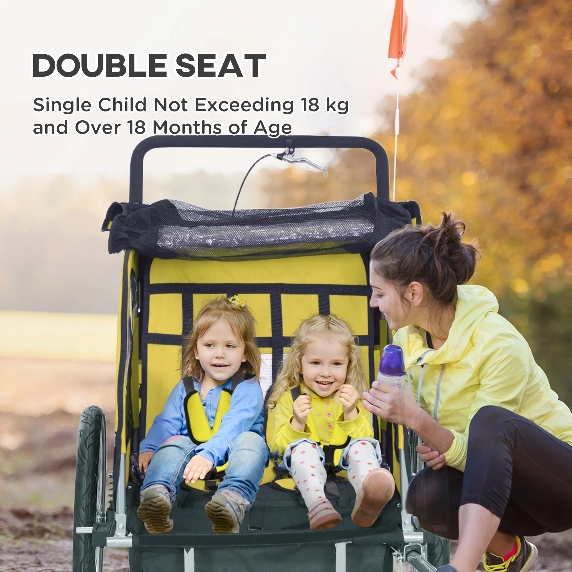 2-in-1 Bike Trailer for Kids, Foldable 2-Seat Baby Stroller with 5-Point Harness, Rubber Wheels, Storage Bag, Yellow photo 3