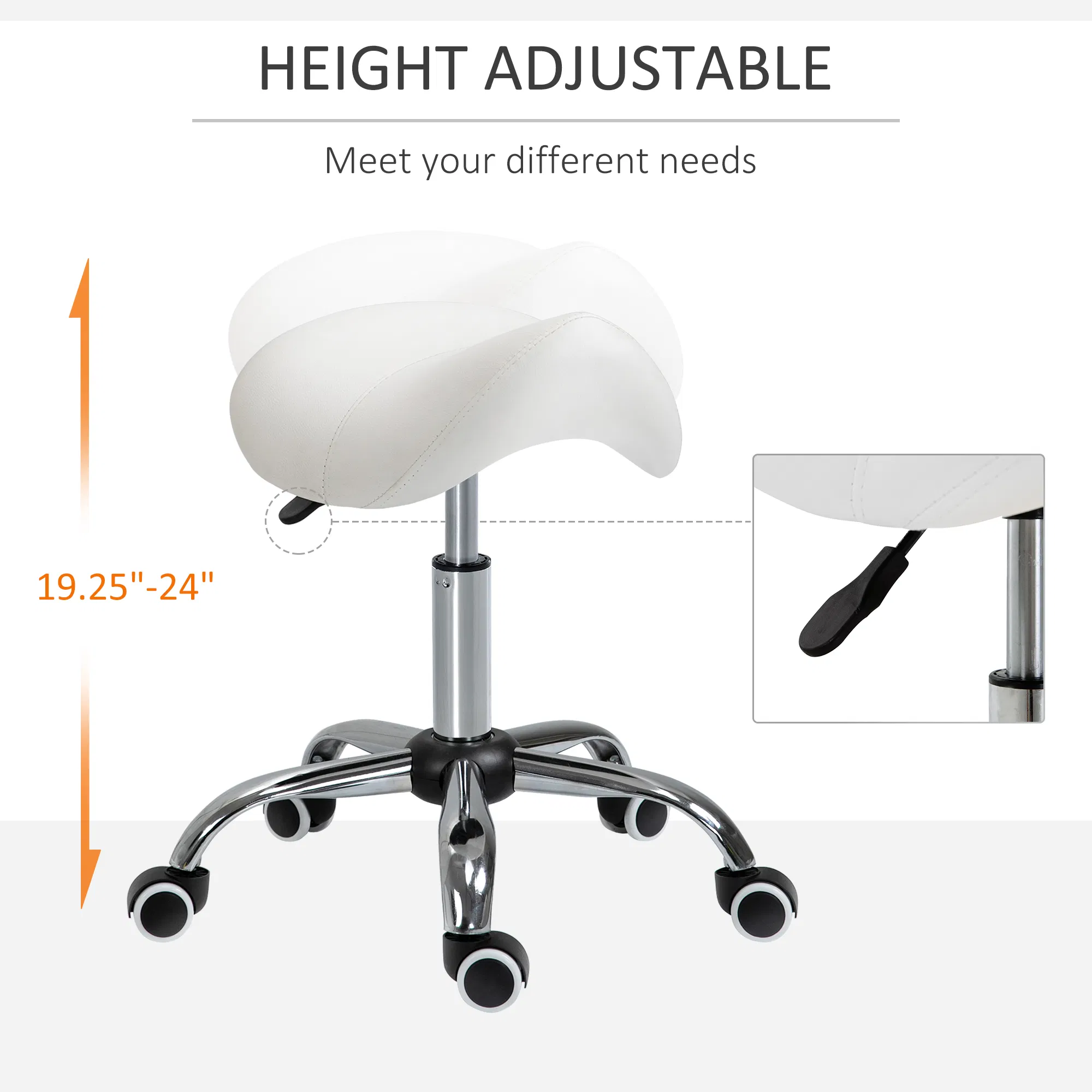 Cream White Rolling Salon Stool: Adjustable Hydraulic Swivel Saddle Chair, PU Leather Spa Beauty Seat photo 6