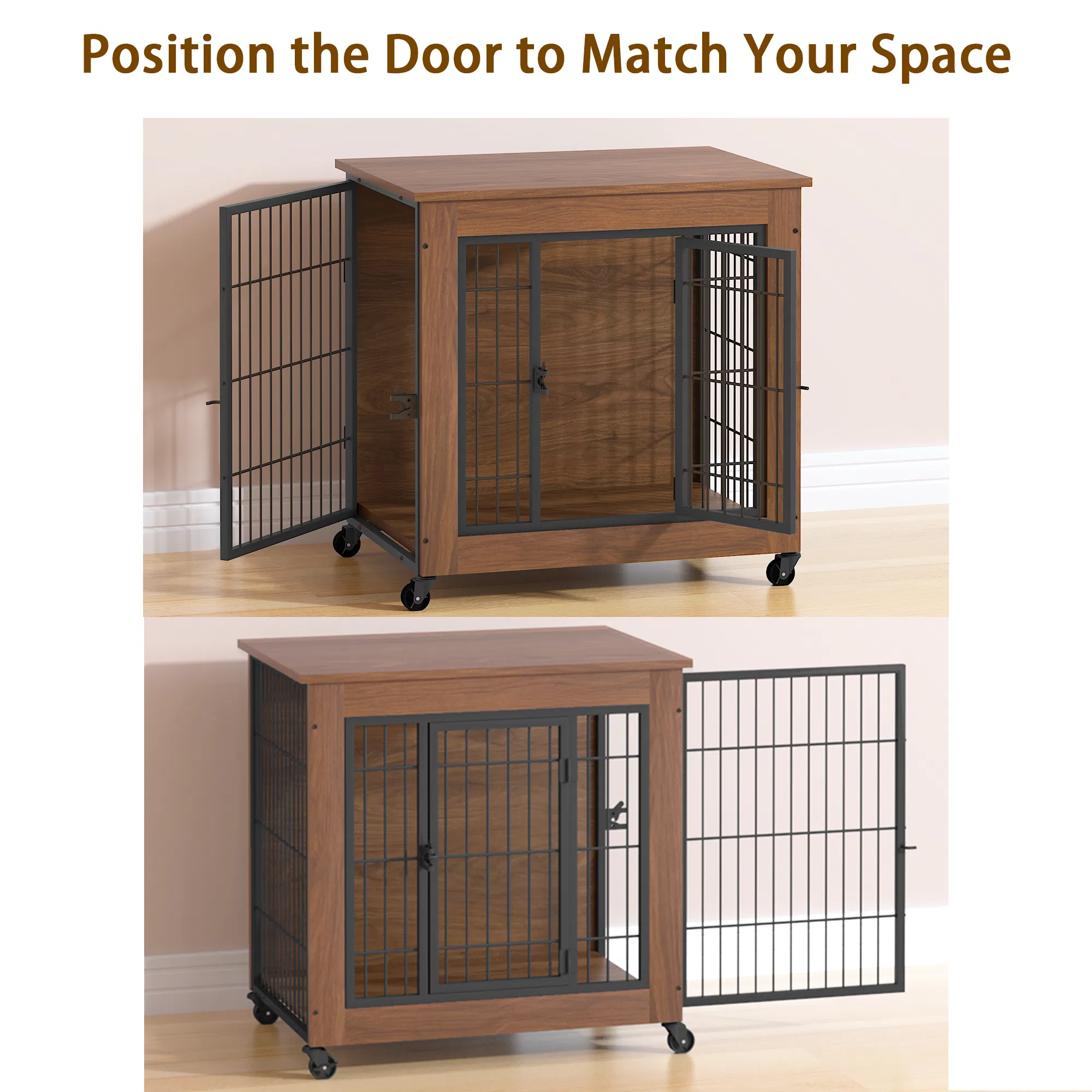 27.2" Dog Crate Furniture with Wheels for Small Dogs, Heavy Duty Dog Kennel Indoor with 2 Doors, Wooden Pet Cage End Table, Double-Doors Sturdy Metal Dog Cage for Anxiety Dog photo 5
