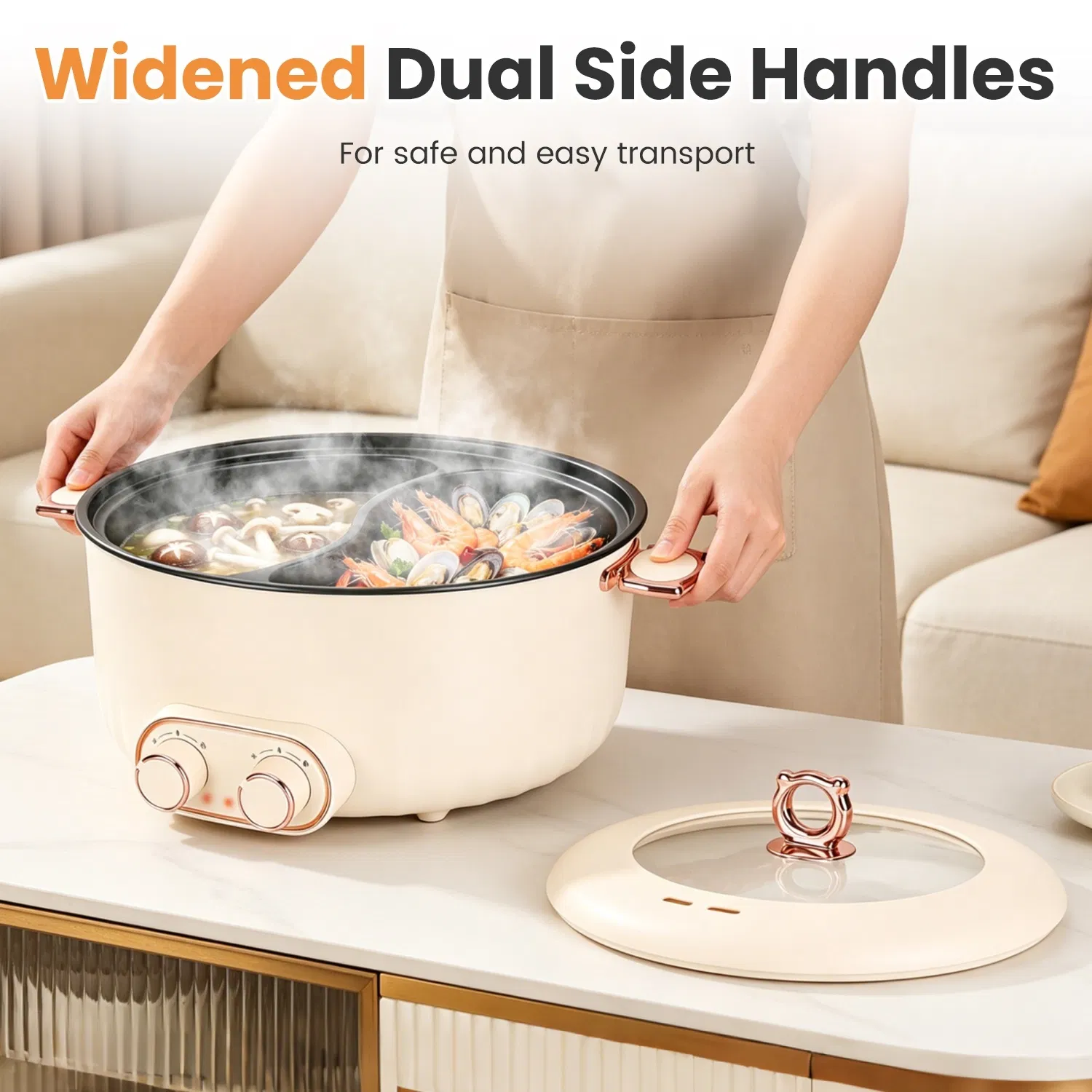 6 Liter Dual-Flavor Electric Shabu Shabu Hot Pot for 3-6 Guests, Non-Stick Coating Stainless Steel Hot Pot with Transparent Steam Vent Lid, Cool Wide Handles & Raised Stable Base for Home Dinner Party photo 7