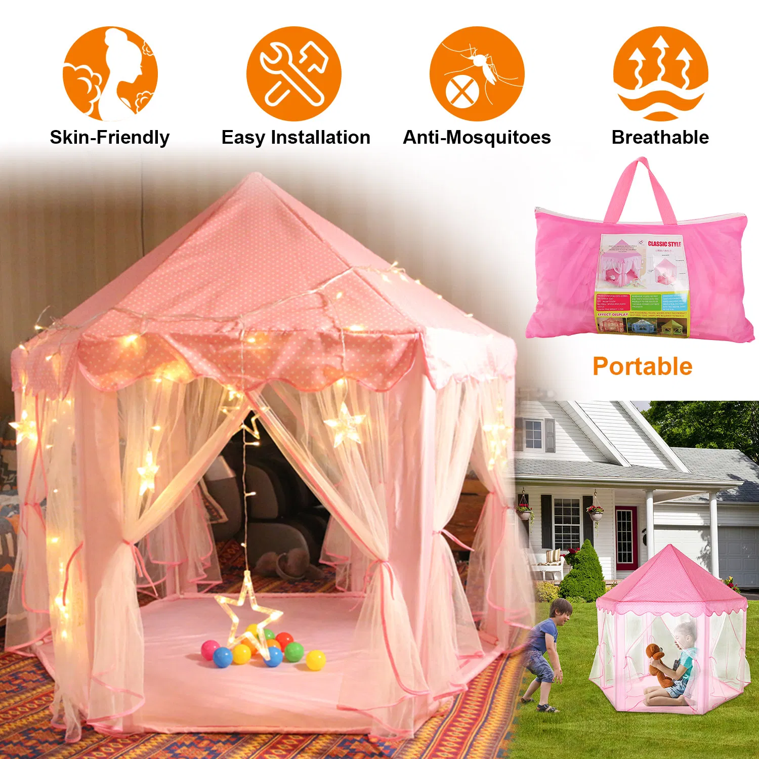 Princess Play Tent for Girls, Large Castle Playhouse with 6 Breathable Mesh Doors, Indoor Outdoor Play Tent for Backyard Garden Party, Sturdy Structure Easy Assembly, Gift for Kids Birthday photo 1