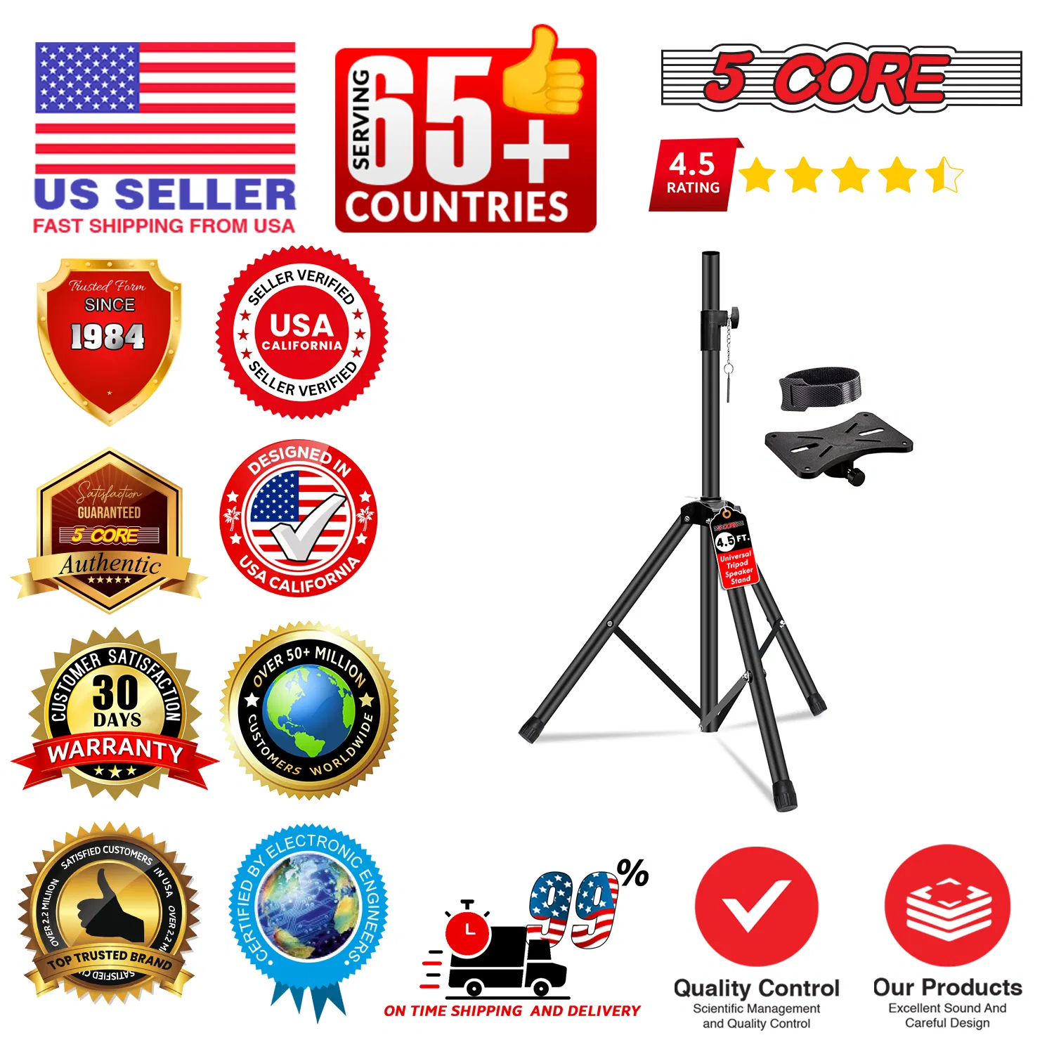 5 Core Speaker Stand Adjustable 31 to 54" PA DJ Tripod Stands Heavy Duty w 35mm Add 132 Lbs photo 5