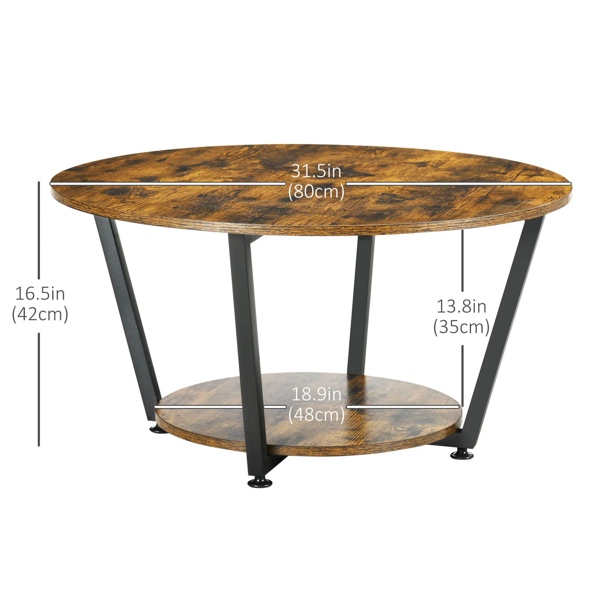 2-Tier Round Coffee Table with Storage Shelf, Industrial Center Table with Steel Frame for Living Room, Rustic Brown photo 3