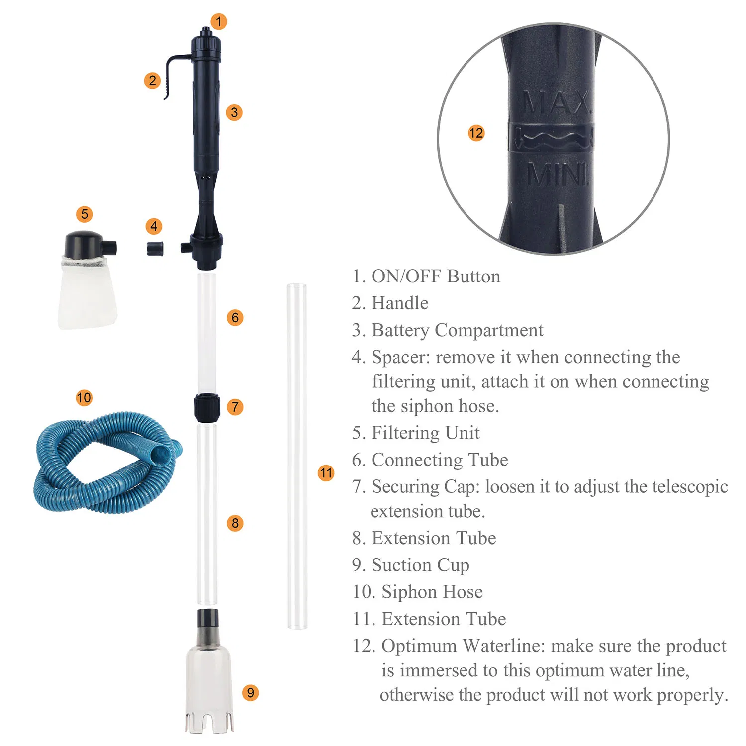 2-in-1 Aquarium Gravel Cleaner & Siphon Pump, Battery Powered Dirt/Fish Waste Remover, Adjustable Tubes for Small/Medium/Large Fish Tanks photo 2