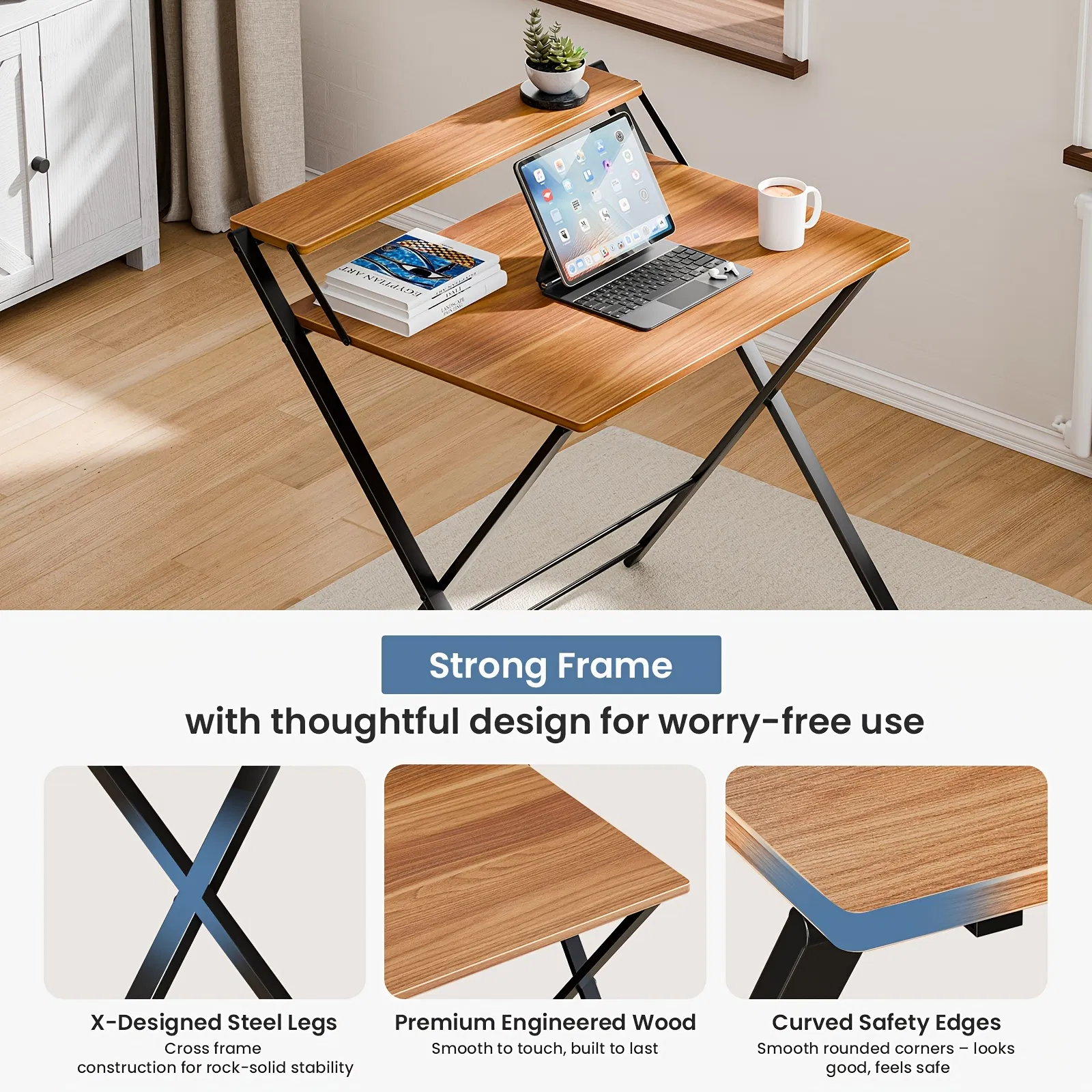 Small Folding Desk with Shelf, No-Assembly Foldable Computer Table for Tight Spaces, Portable Writing Desk for Office Dorm Apartment, Space Saving And Sturdy Metal Frame photo 2