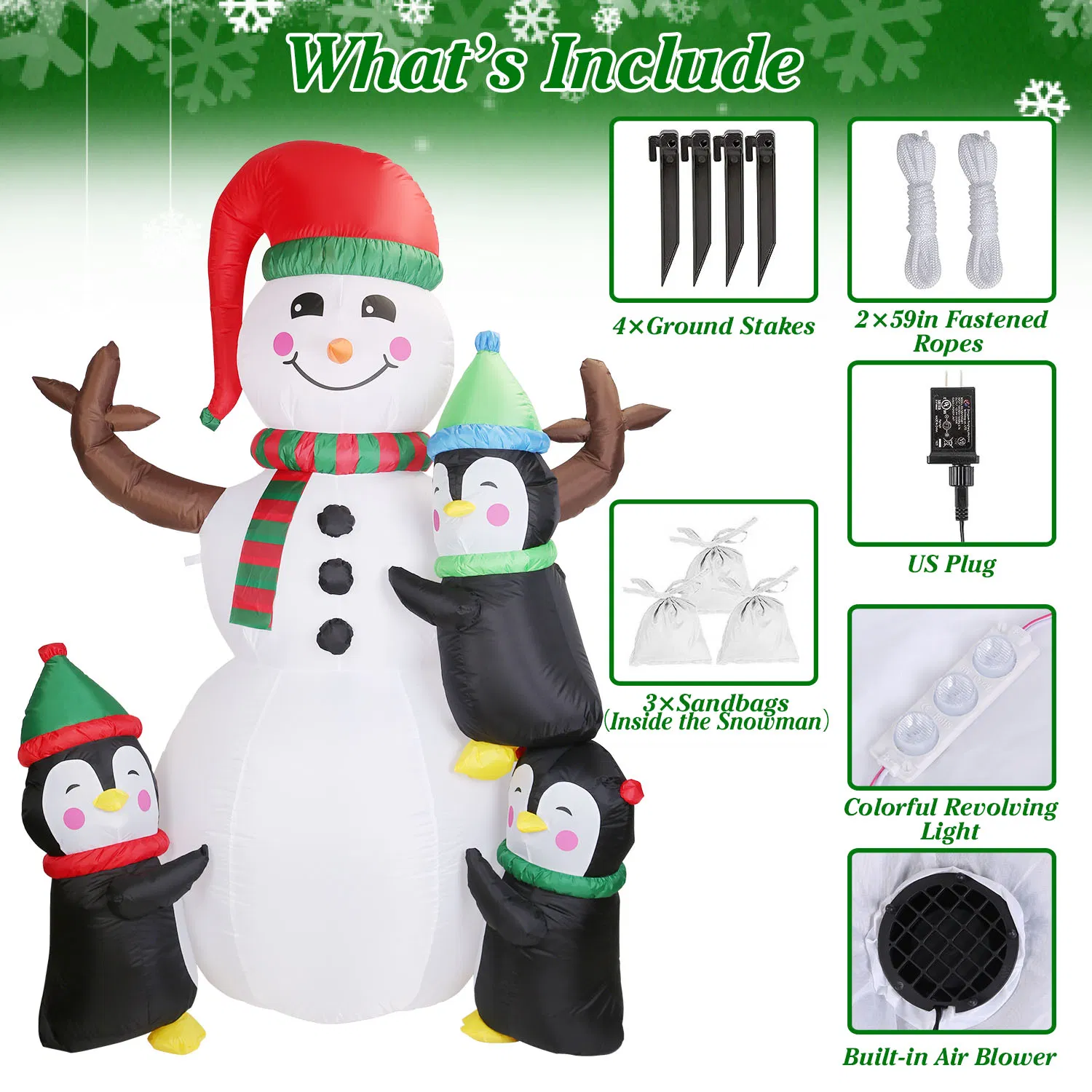 5.9FT Christmas Inflatable Decoration - Snowman & 3 Penguins with 5 LED Lights Includes Stakes/Ropes/Sandbags for Yard, Garden, Outdoor Indoor Decor photo 7