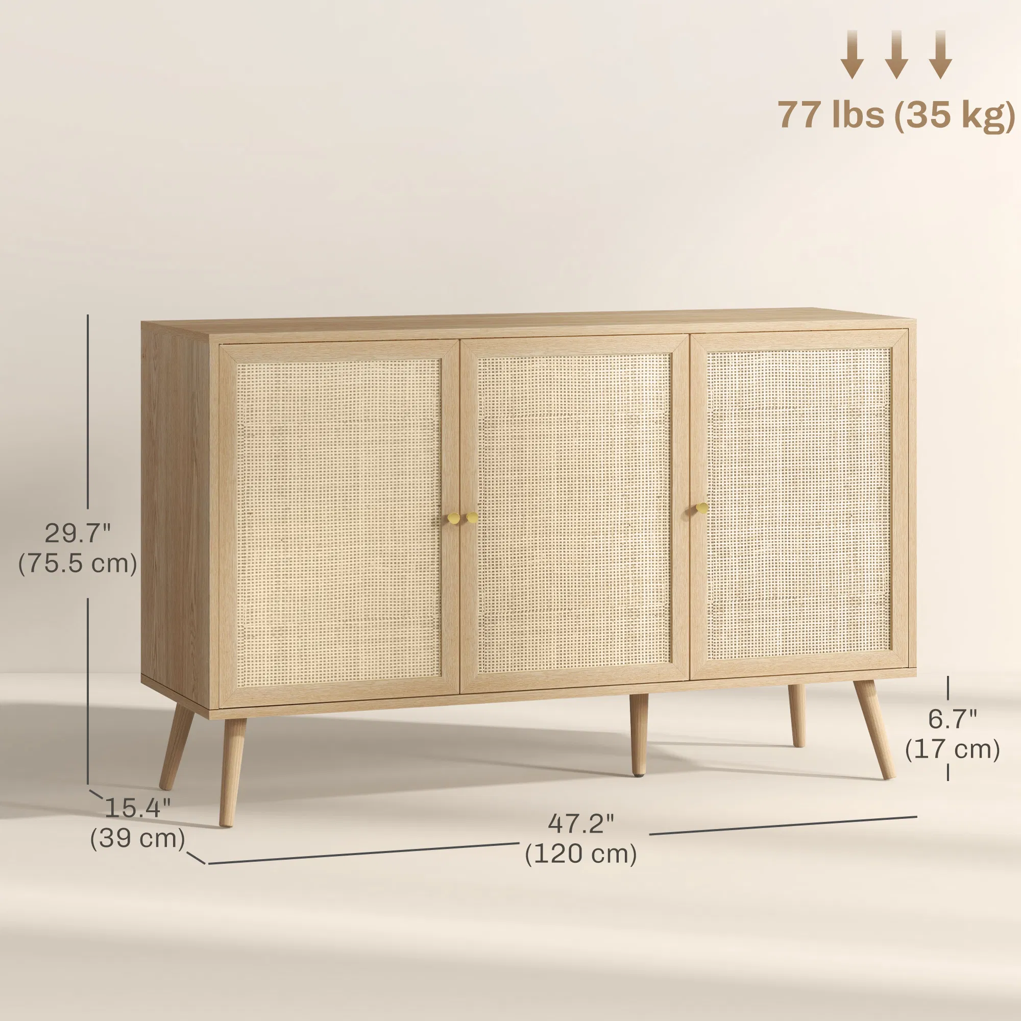 Kitchen Sideboard Cabinet, Boho Storage Cabinet with Shelves, Wood Legs, Decorative Rattan Doors, Natural photo 3