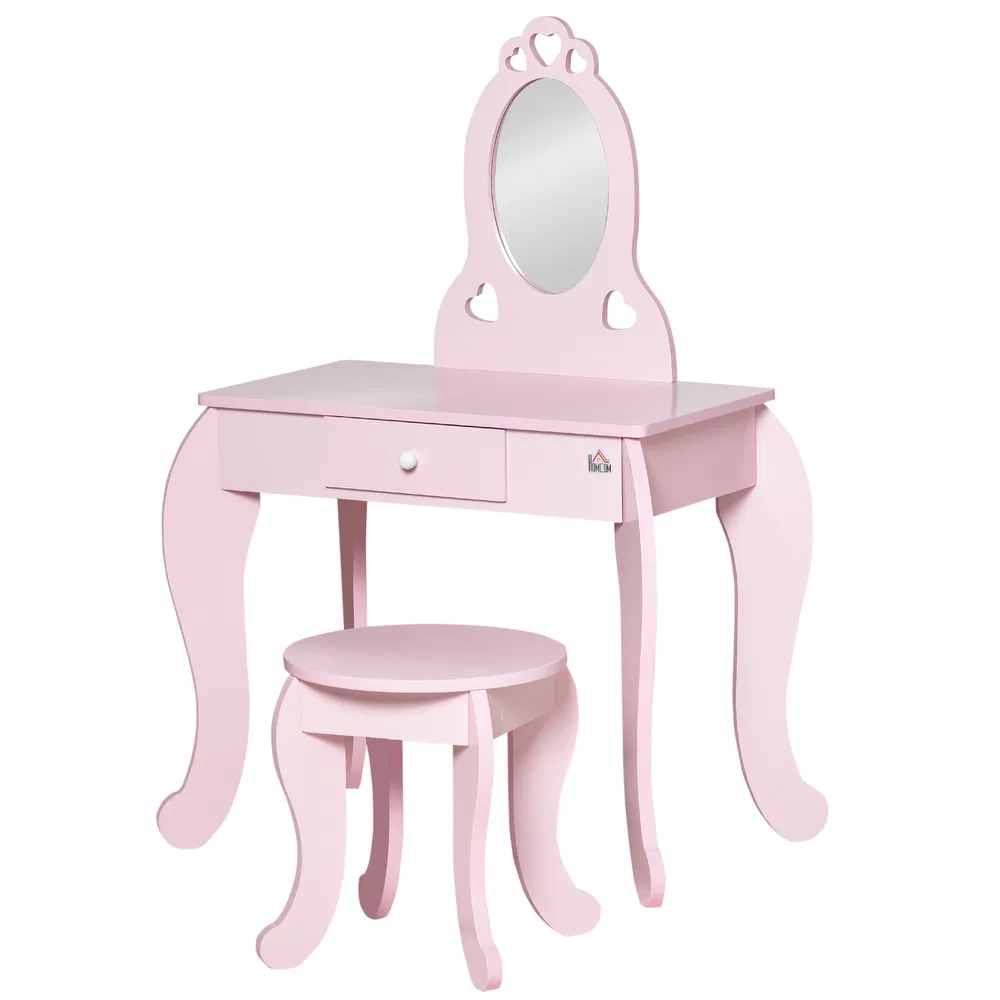 Kids Vanity Table Set with Mirror and Stool, Drawer, for 3-6 Years, Pink photo 2