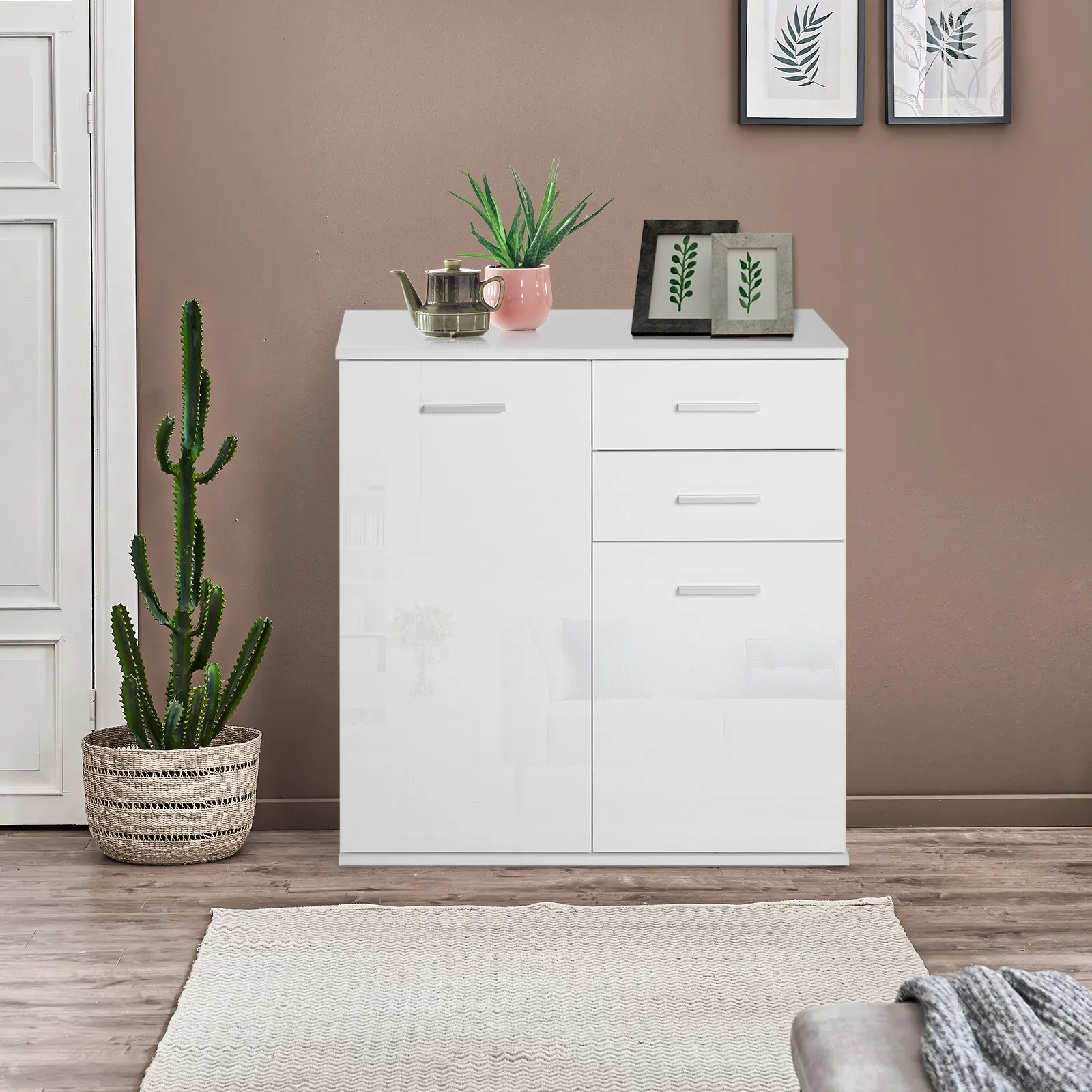 High Gloss Sideboard with 2 Drawers and 2 Doors, Buffet Cabinet with Adjustable Shelf, Coffee Bar Cabinet with Storage, White photo 6
