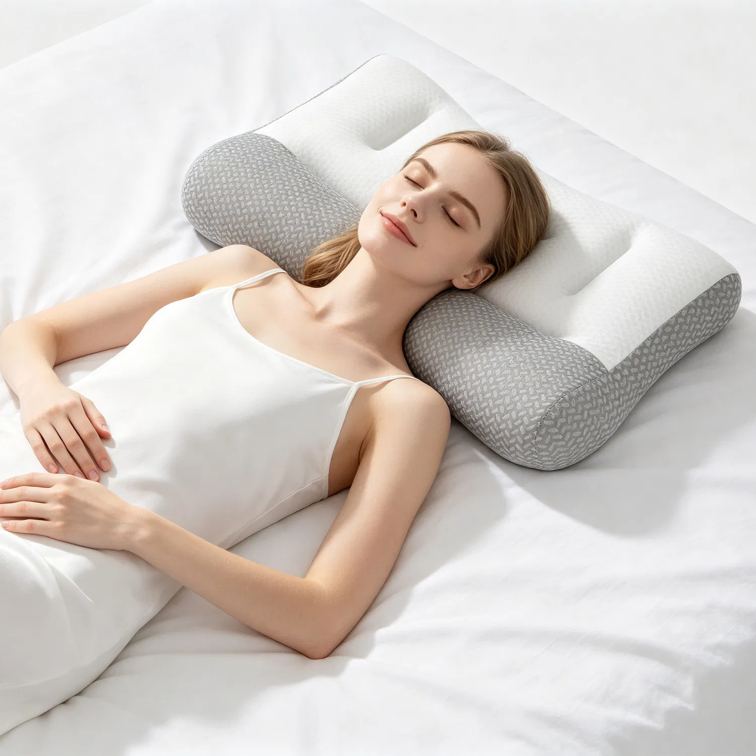 Contoured Dual-Height Bed Pillow with Ear Slot, Breathable Knit Mesh Cover, Down-Alternative Filling Pillow for Household Bedroom Sleeping photo 6