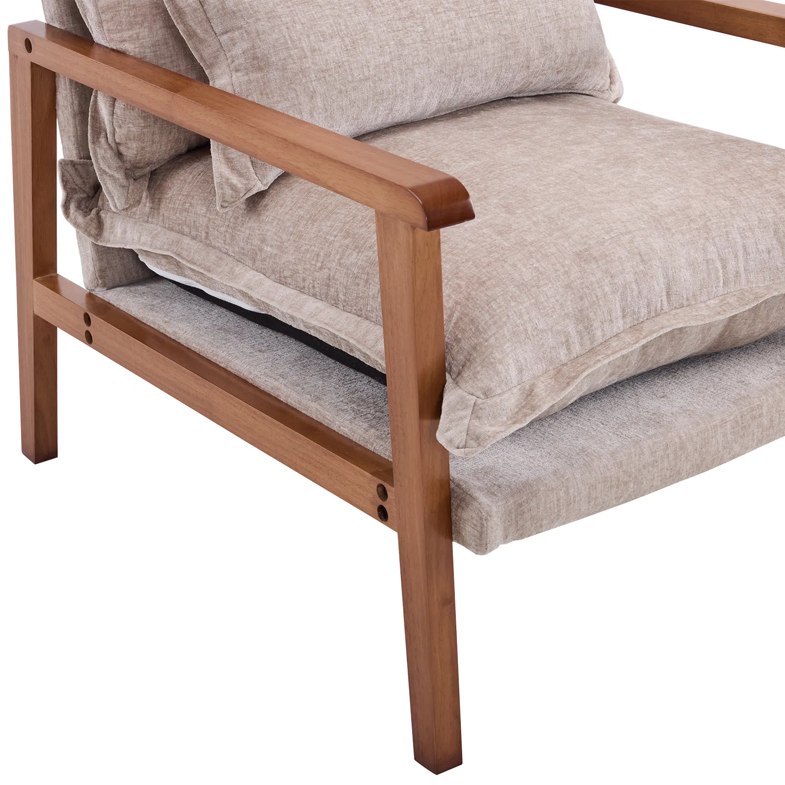 Cloud Shaped Indoor Leisure Chair with Solid Wood Armrest, Metal Frame, Chenille Fabric Accent Chair with Lumbar Pillow, Single Sofa Chair Khaki photo 5