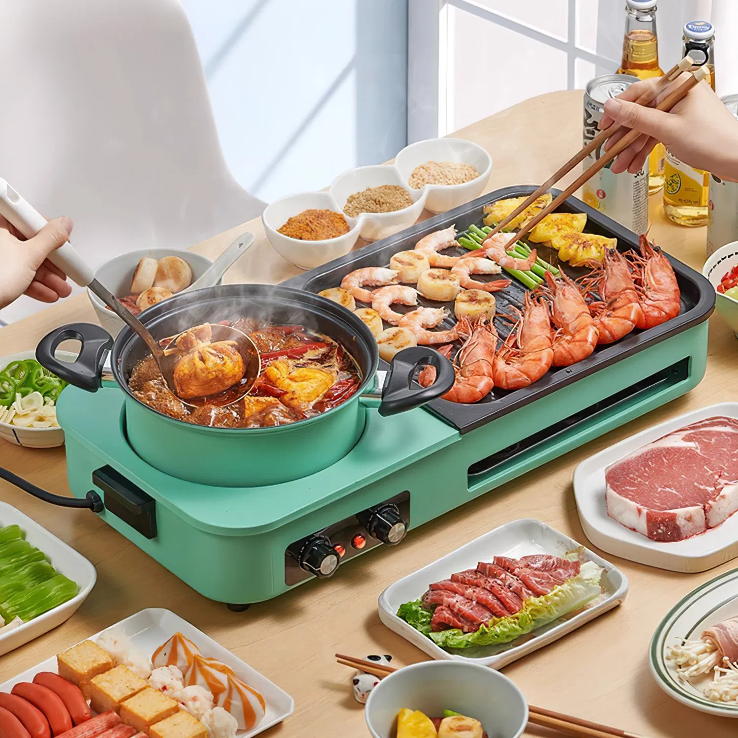 Electric Hot Pot with Grill,1600W 3-in-1 Smokeless Raclette Table Grill for Kitchen, Barbecue Shabu Hot Pot with Non-Stick Cooking Removable Plate, Dual Temperature Control & Dishwasher Safe photo 3