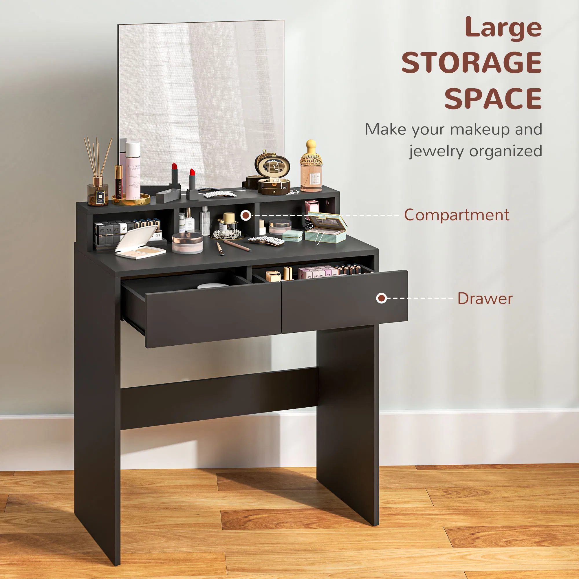 Makeup Vanity Desk with Mirror, for Bedroom, Modern Dressing Table with Drawers, Compartments, Black photo 2