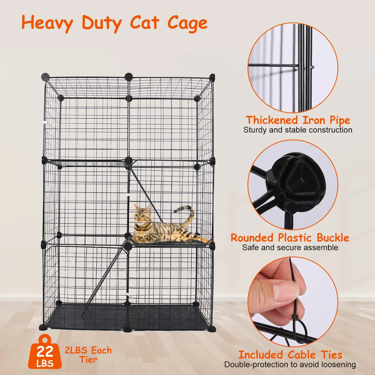 3 Tier Cat Playpen Cage Metal Indoor Cat House Detachable Kitten House with 3 Doors 2 Ladders Large Cat Exercise Place for 1-2 Cats Black photo 2