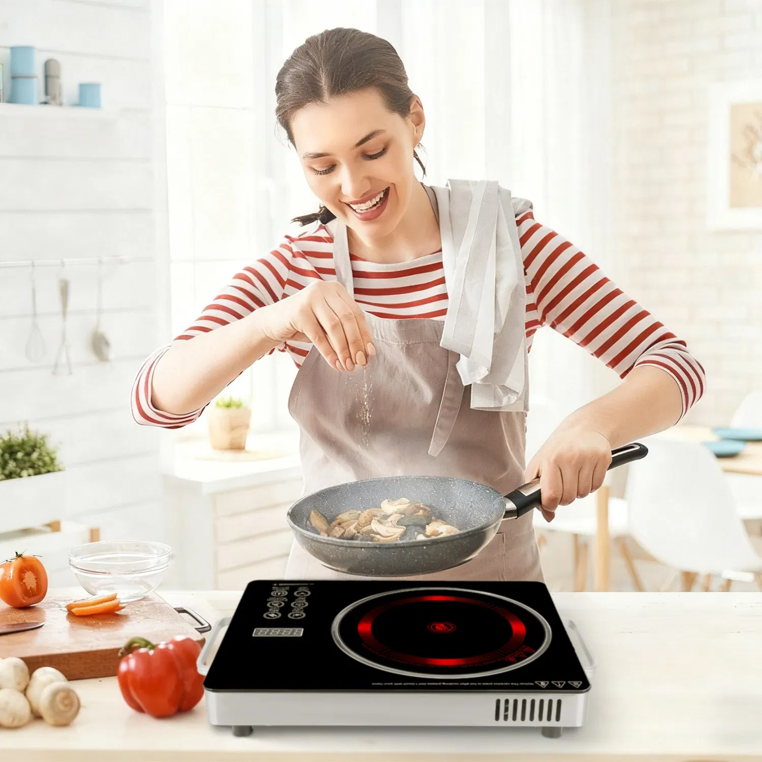 Portable Electric Single Burner Cooktop 3500W 110V, Heat-Resistant Glass Surface (Easy to Clean) with Side Handles, 4 Preset Cooking Modes for Camper/Studio/Dorm photo 3