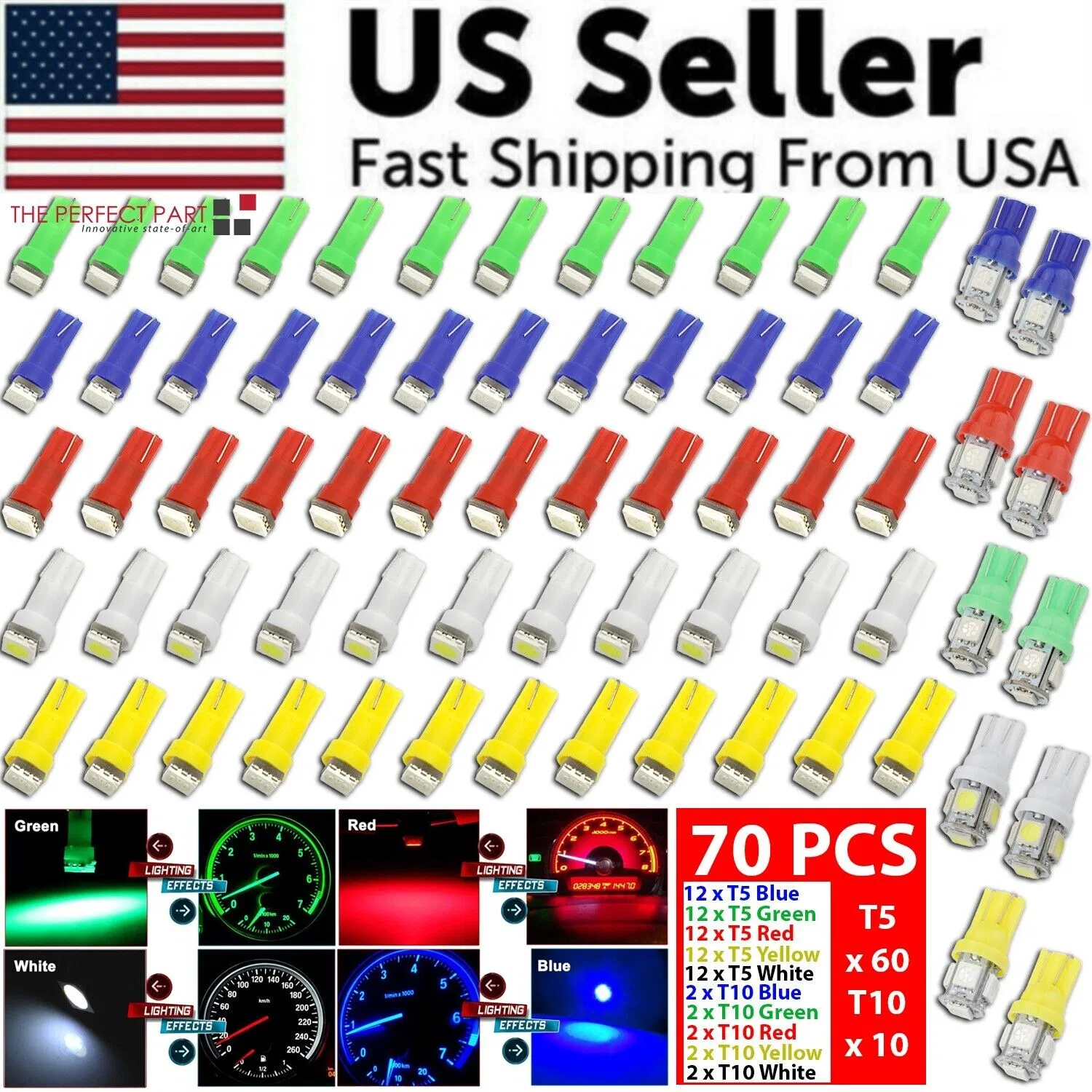 70PCS T5 T10 5050-SMD LED Speedometer Instrument Gauge Cluster Dash Light Bulbs photo 1