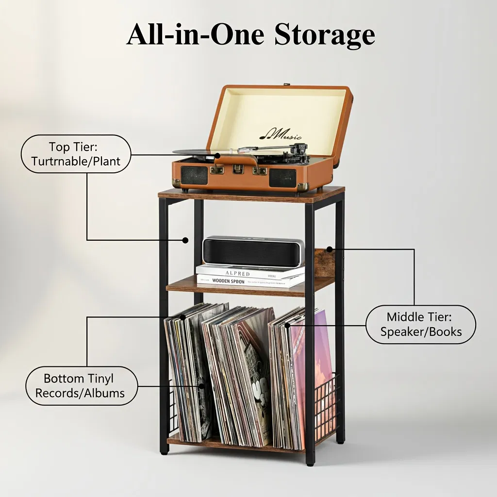3-Tier Turntable Stand with Vinyl Storage for 100 Albums, Combined CD & DVD Racks, End Side Table for Living Room photo 4