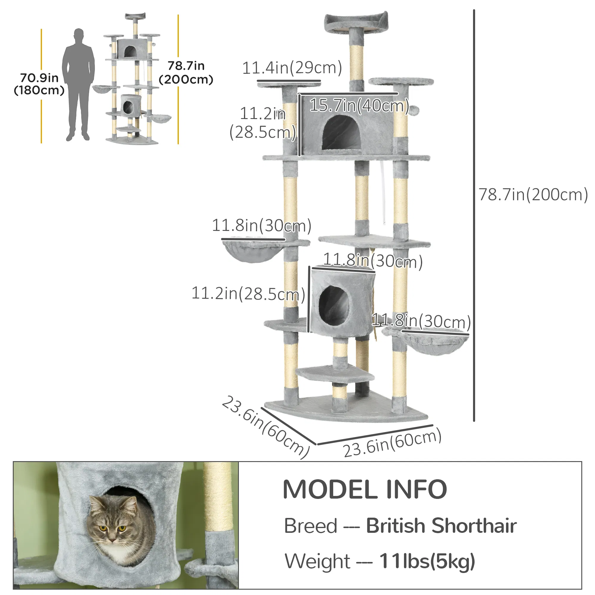 79" Cat Tree Multi-Level with Two Condos, Kitty Tower with Scratching Posts, Two Hammocks, Perches, Interactive Toys, Dark Gray photo 3