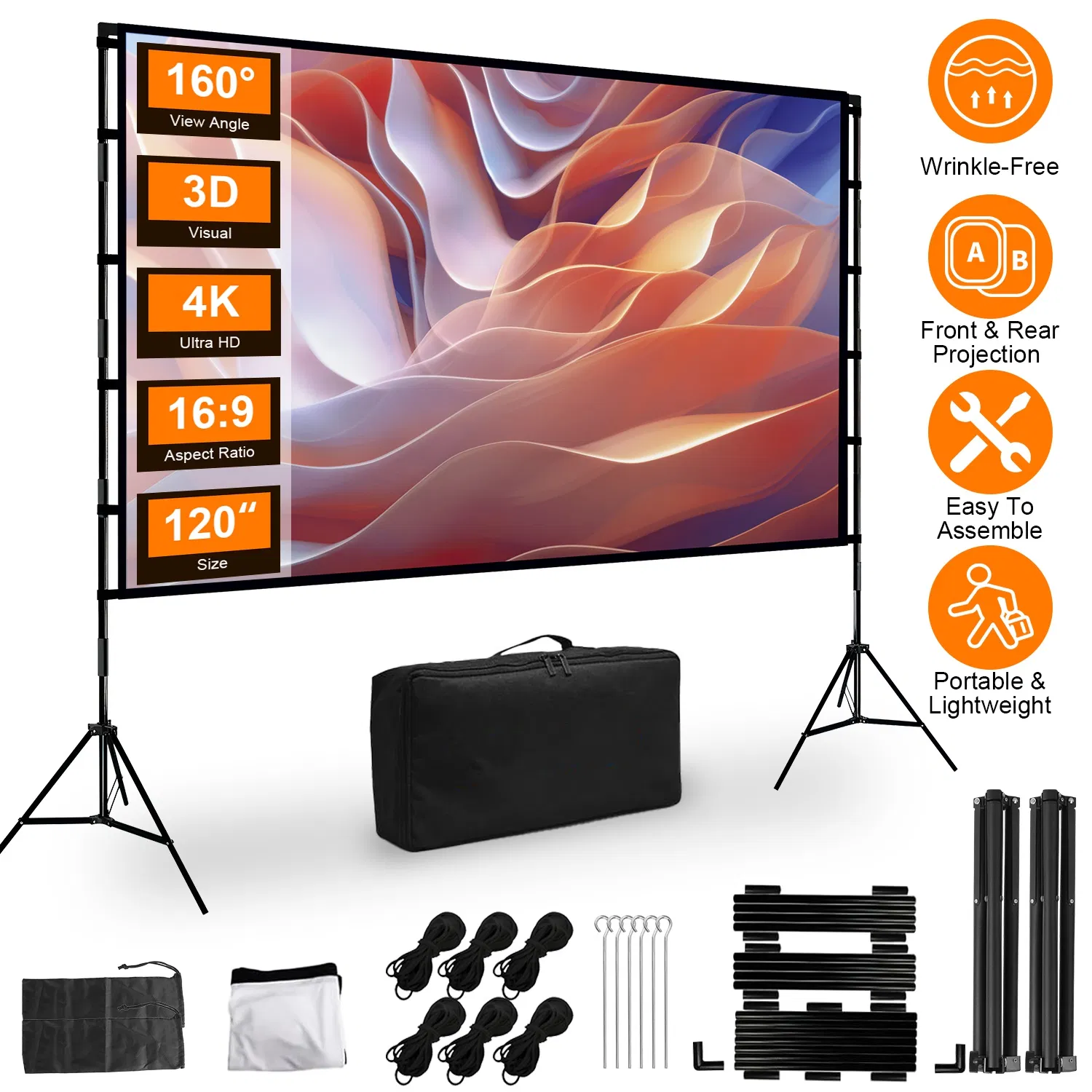 100-120" Portable Projector Screen with Stand, Foldable & Anti-Crease, HD 4K Movie Screen for Outdoor/Indoor Use, Home Theater, Parties & Business Presentations - Includes Carry Bag photo 1