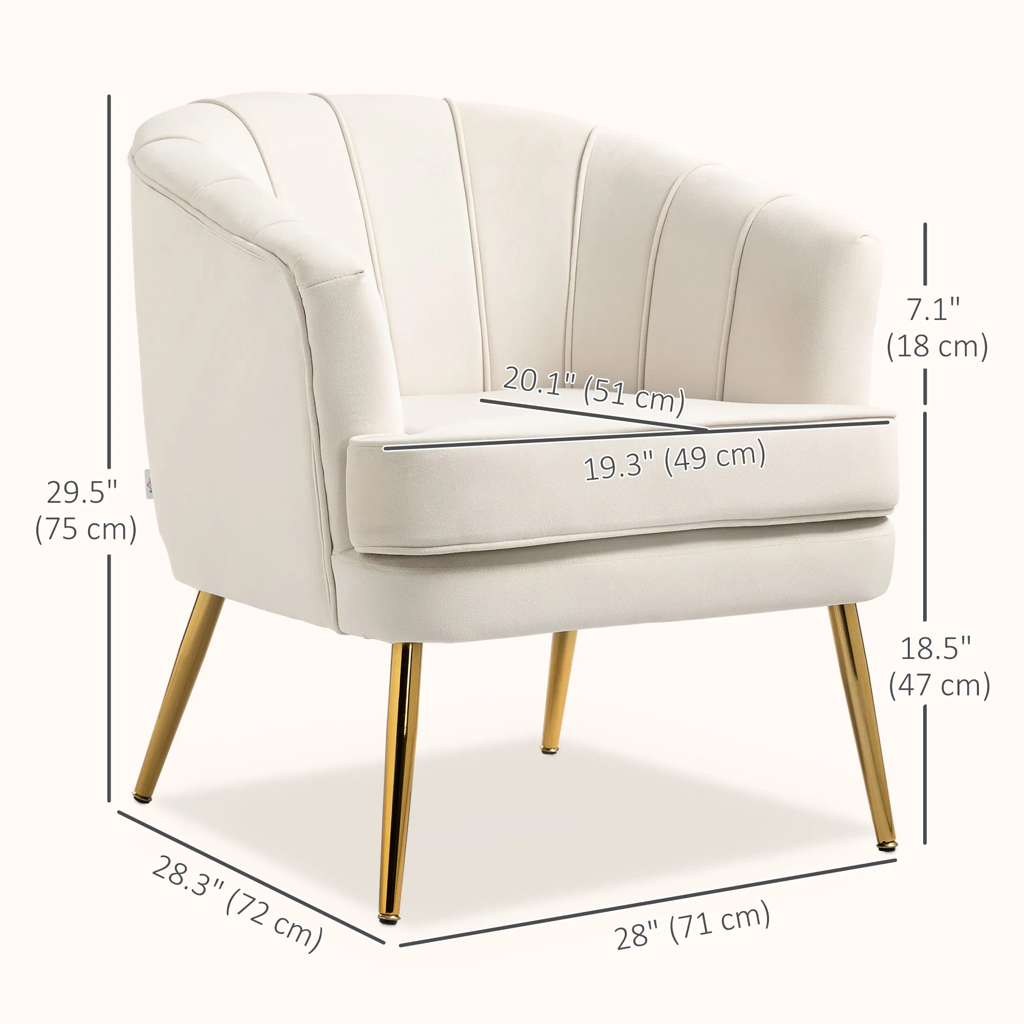Fabric Armchair, Modern Accent Chair with Gold Metal Legs for Living Room, Bedroom, Home Office, Cream White photo 2