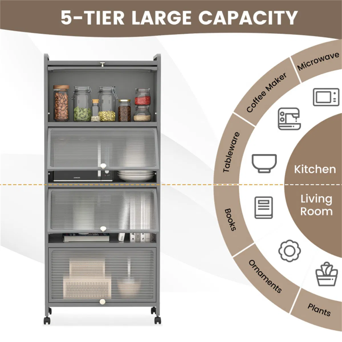 5-Tier Rolling Microwave Stand Flip Dust-Proof Doors 4 Casters with Brakes Kitchen Storage Rack Gray photo 8