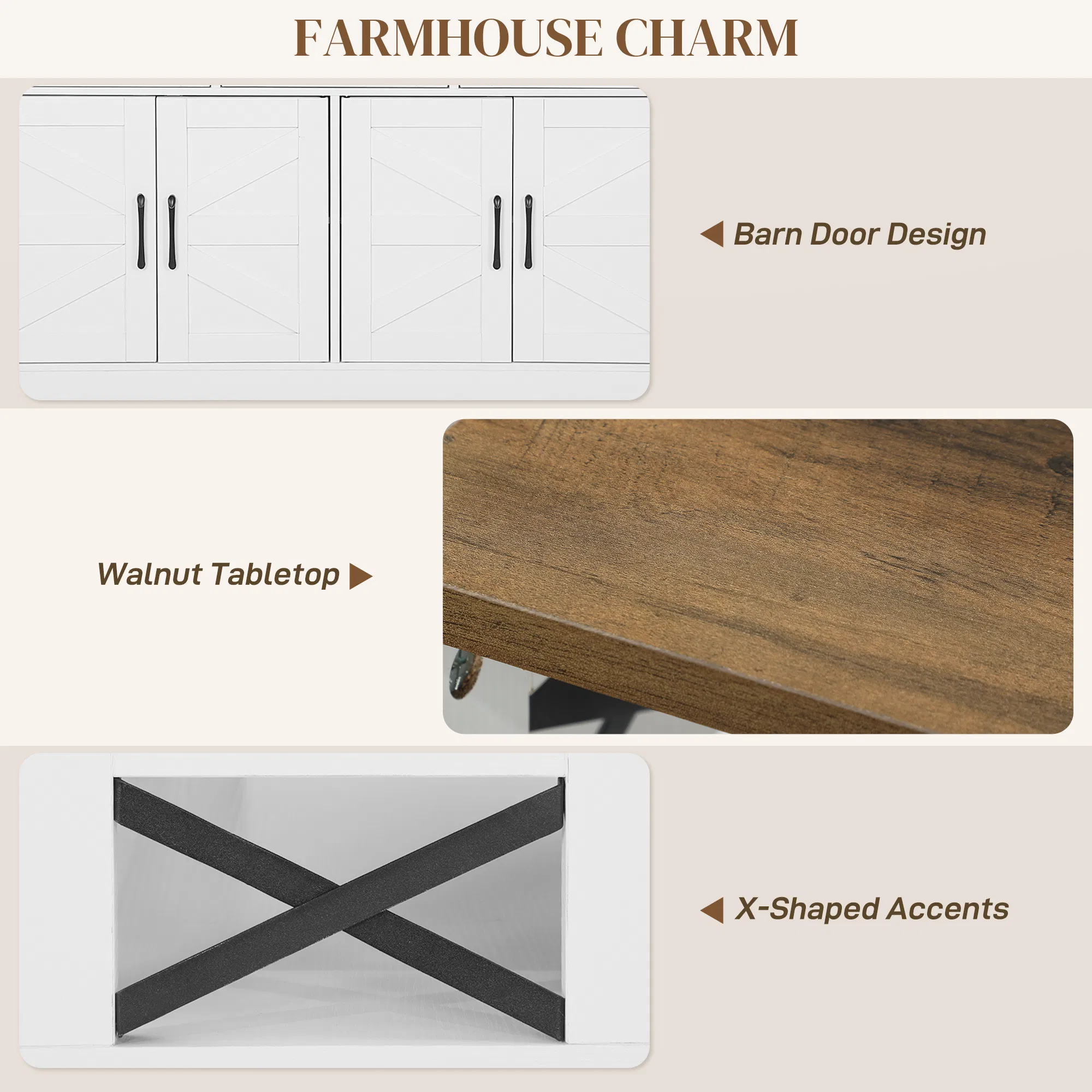 Sideboard, Buffet Cabinet with 4 Barn Doors and 3 Drawers, Coffee Bar Cabinet with Adjustable Shelves, White photo 3