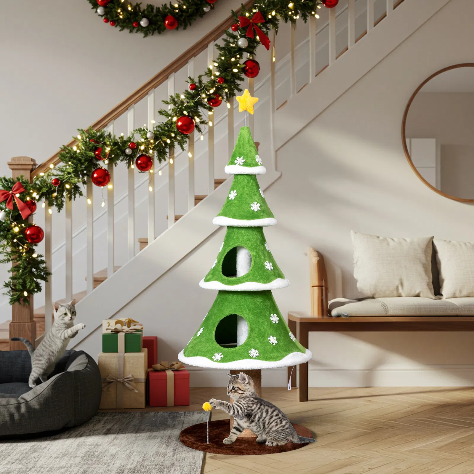 59in Large Tall Christmas Tree Cat Tower with 2 Cat Condos & Scratching Post, Soft Fleece Cat Tree with Teaser Toy & Sturdy Base & Built-in Openings for Indoor Cats, Green & White photo 7