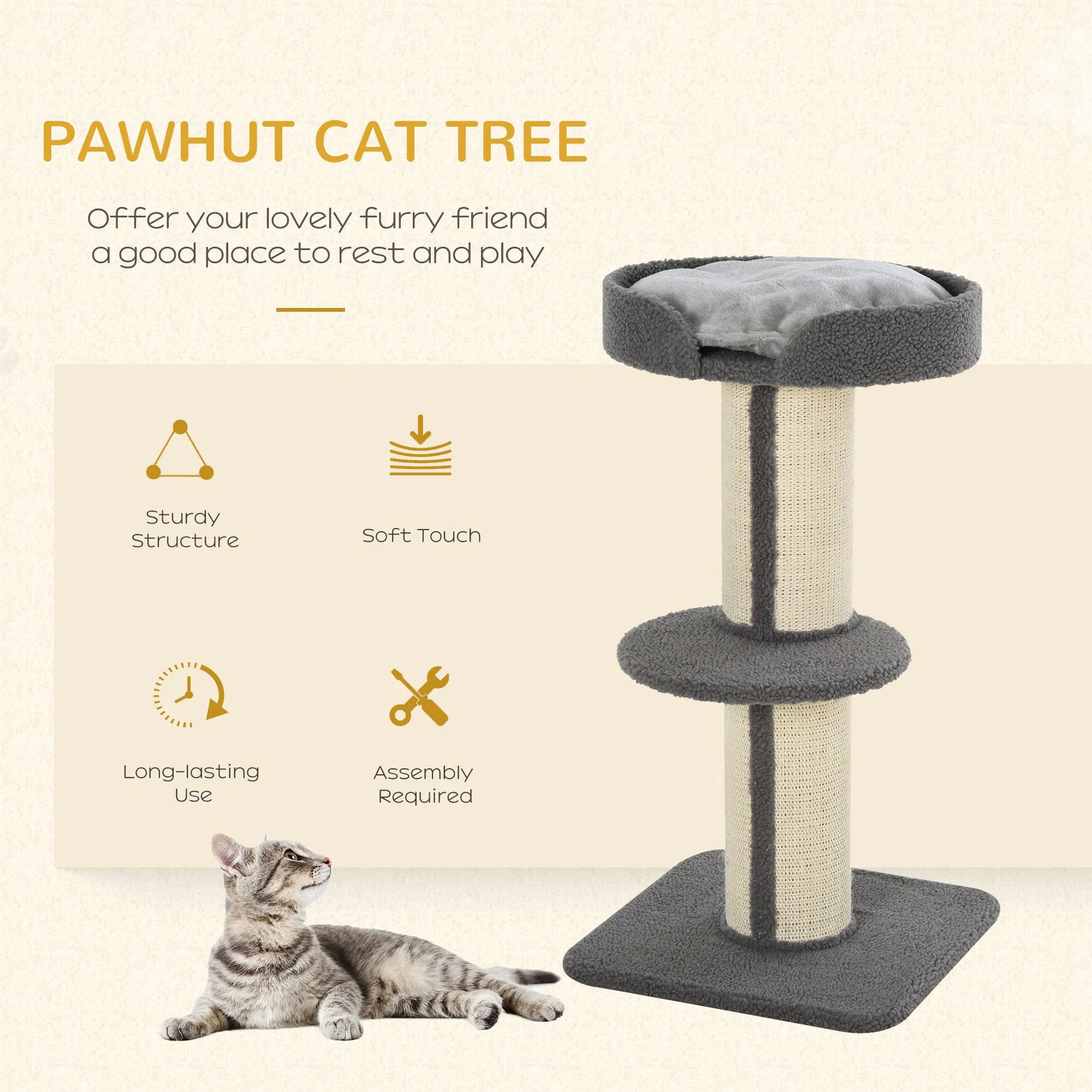 Cat Tree Kitty Tower with Sisal Mat Scratching Post, Cat Bed, Cushion, Perch, 18" x 18" x 36", Grey photo 5