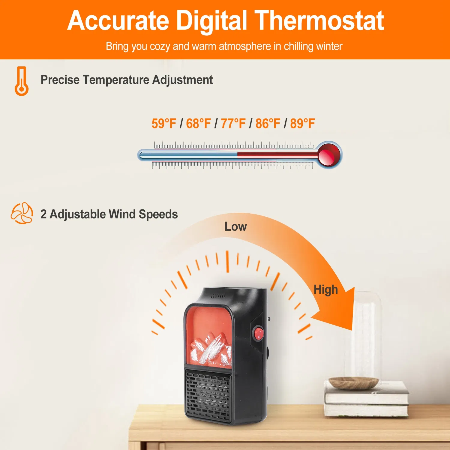 800W Plug-In Space Heater Wall Outlet Heater with 360° Rotatable Plug Adjustable Temperature 2 Wind Speeds Remote Control photo 3