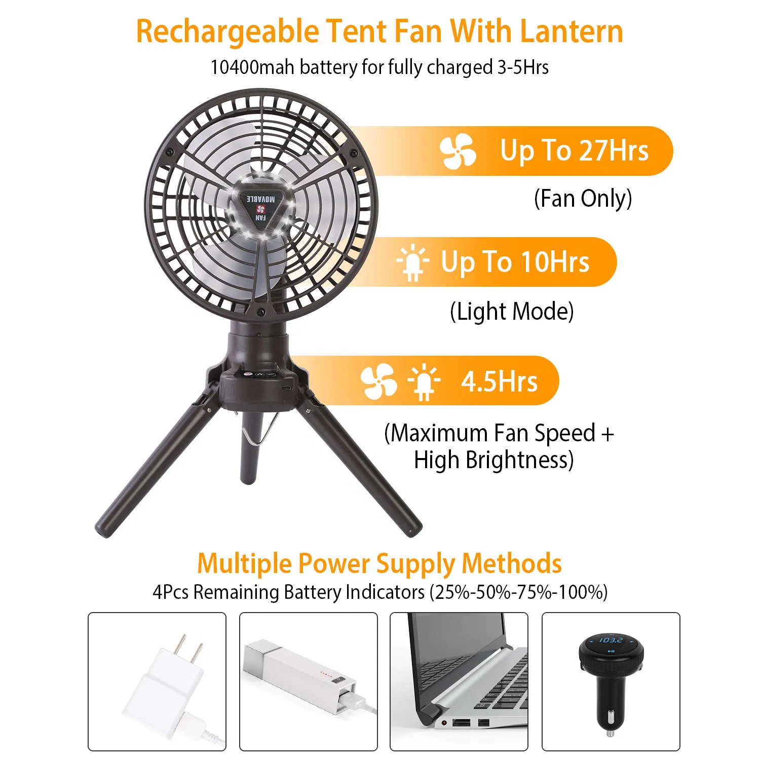 10400mah Portable Camping Fan with LED Light Rechargeable Tripod Tent Hanging Fan Lantern Portable Foldable Oscillating Table Fan with 3 Brightness 4 Speeds photo 8
