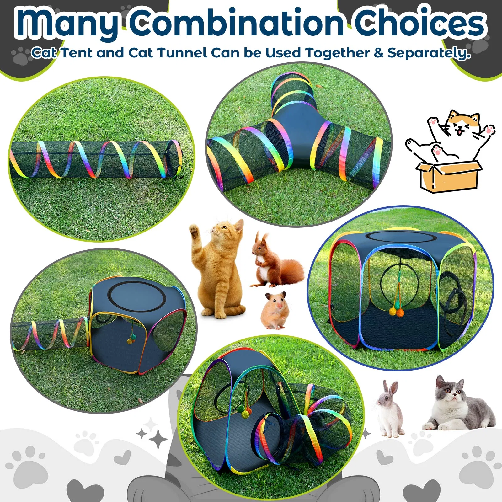 Portable Cat Enclosure - 7-in-1 Outdoor Catio with Tent & Tunnel, Foldable Playpen for Indoor Cats, Includes Storage Bag for Cats & Small Animals Rainbow Color photo 2