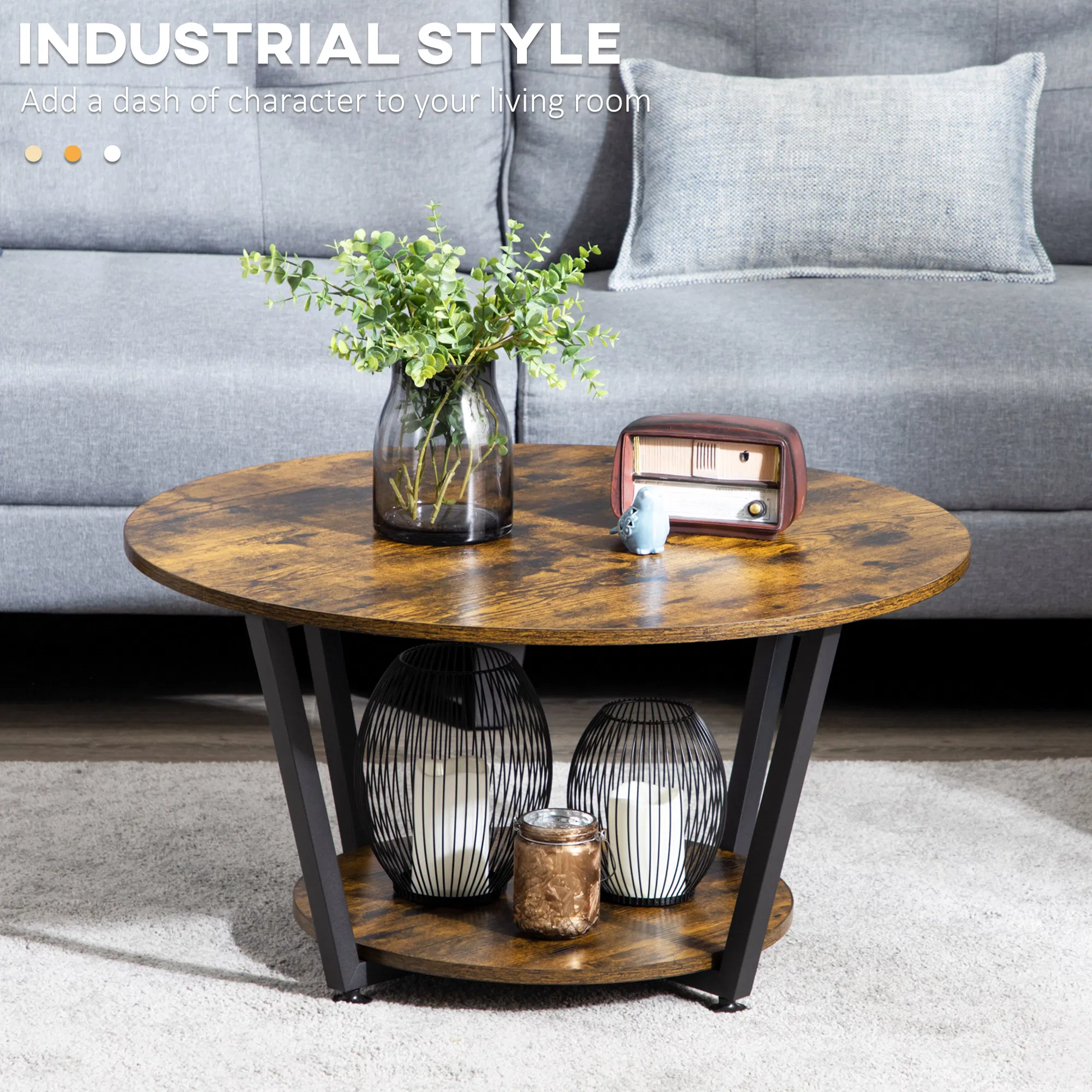 2-Tier Round Coffee Table with Storage Shelf, Industrial Center Table with Steel Frame for Living Room, Rustic Brown photo 4
