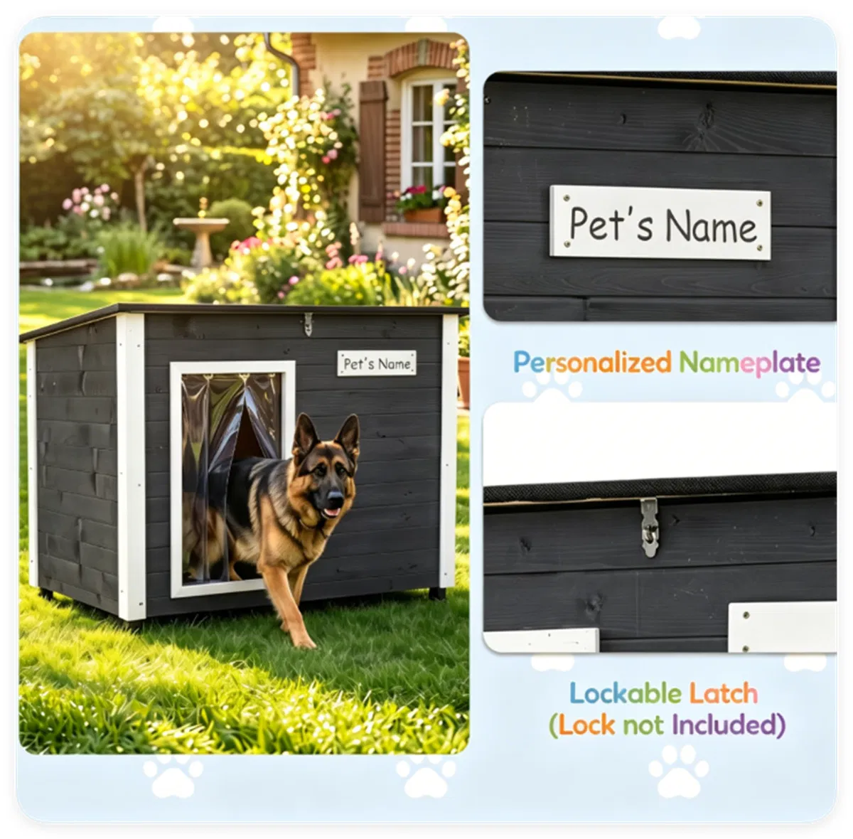 42.5" x 27" x 33.5" Outdoor Dog House with Sloped Asphalt Roof, Elevated Floor & Openable Roof Weatherproof Pet Kennel with PVC Door Curtain for Medium Large Dogs Gray photo 8