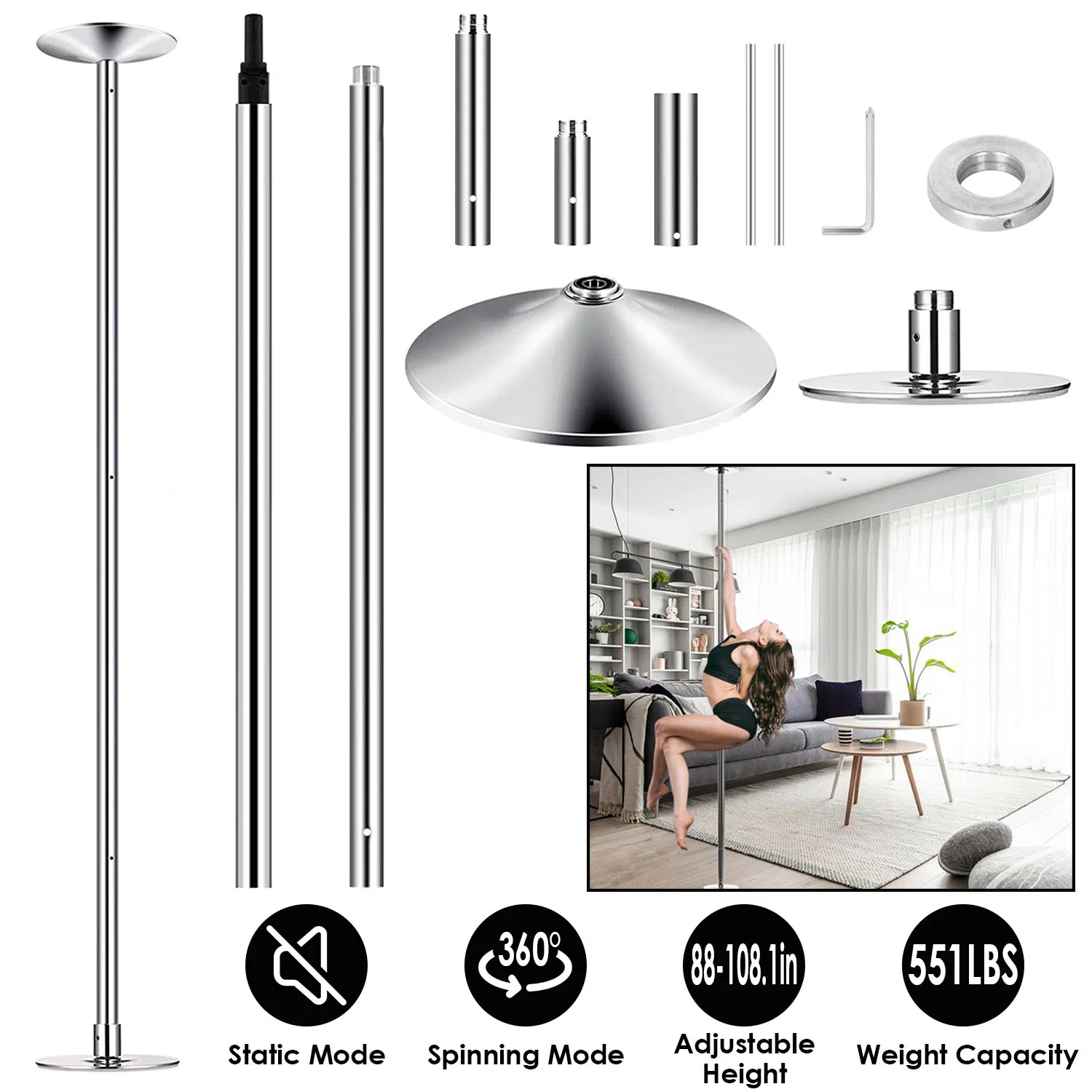 Stripper Dance Pole 45mm Spinning Static Dancing Pole with 88-108.1in Adjustable Height 551LBS Weight Capacity for Fitness Exercise Party Home Club Gym photo 1