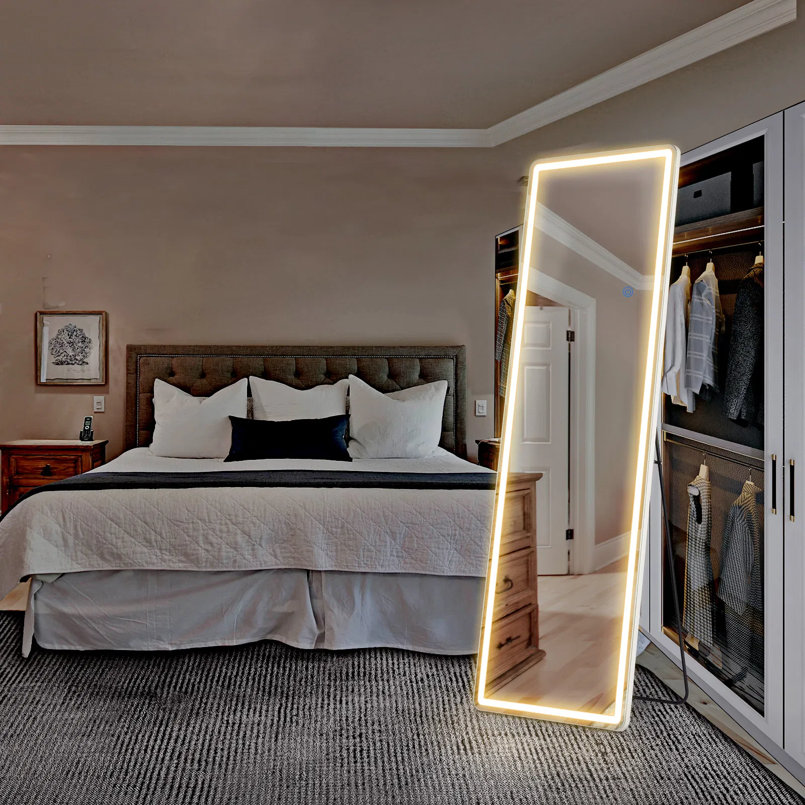 3 Color Lighting Mirror with LED Lights, 64"x21" Lighted Floor Standing Mirror with Stand, Wall Mounted Hanging photo 1