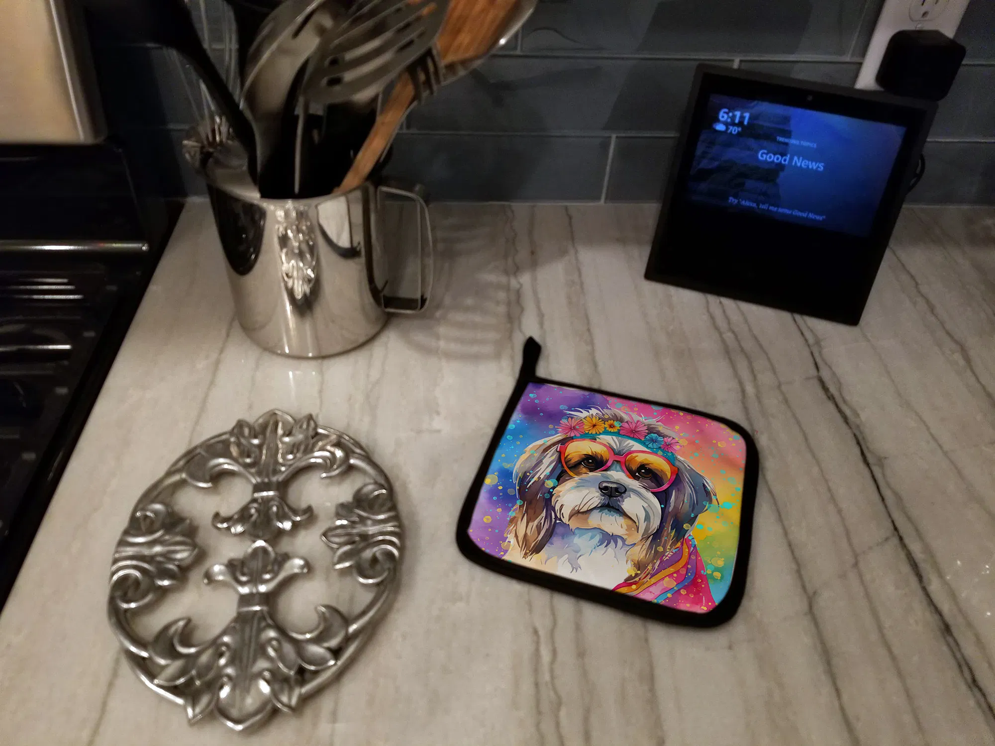 Shih Tzu Hippie Dawg Pair of Pot Holders Kitchen Heat Resistant Pot Holders Sets Oven Hot Pads for Cooking Baking BBQ, 7 1/2 x 7 1/2 photo 7