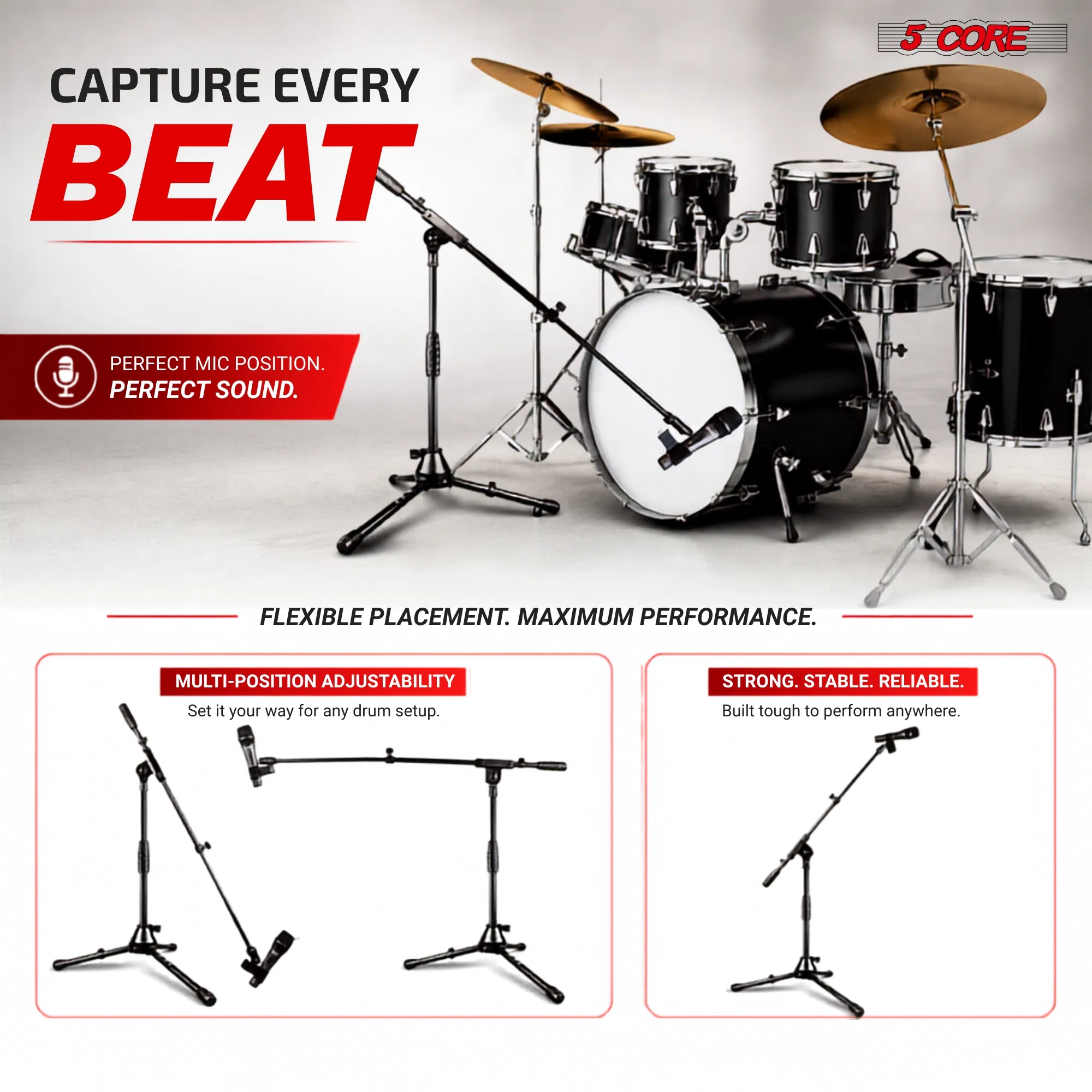 5 Core Mic Stand Floor Adjustable Short Tripod Microphone Stands w Telescoping Boom Arm photo 5