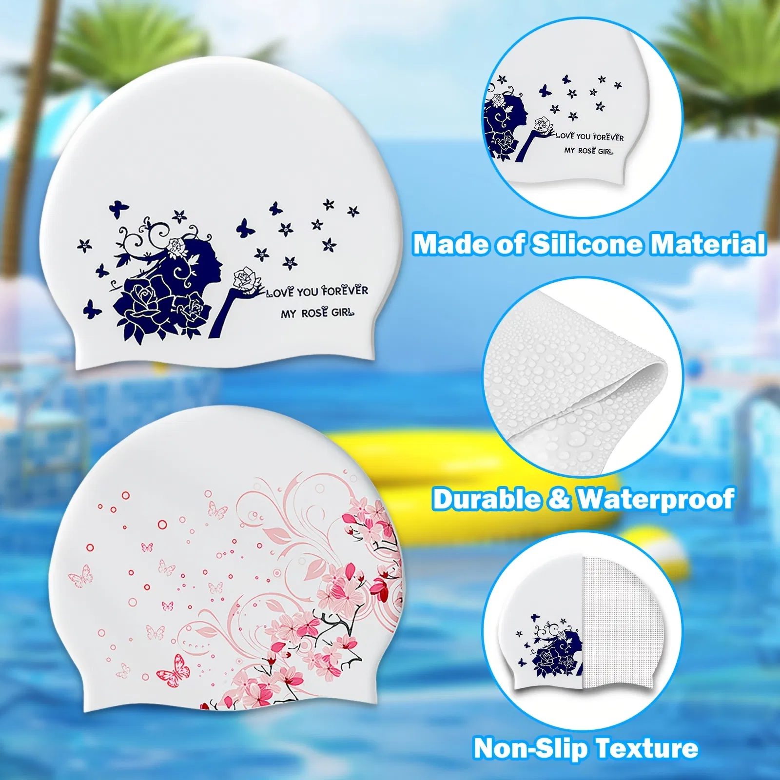 2pcs Silicone Swim Cap for Women Men, High Elasticity Comfortable Non-Slip Swimming Cap for Girls & Boys, Durable Waterproof Swim Hats for Long and Short Hair, Keep Hair Dry photo 5