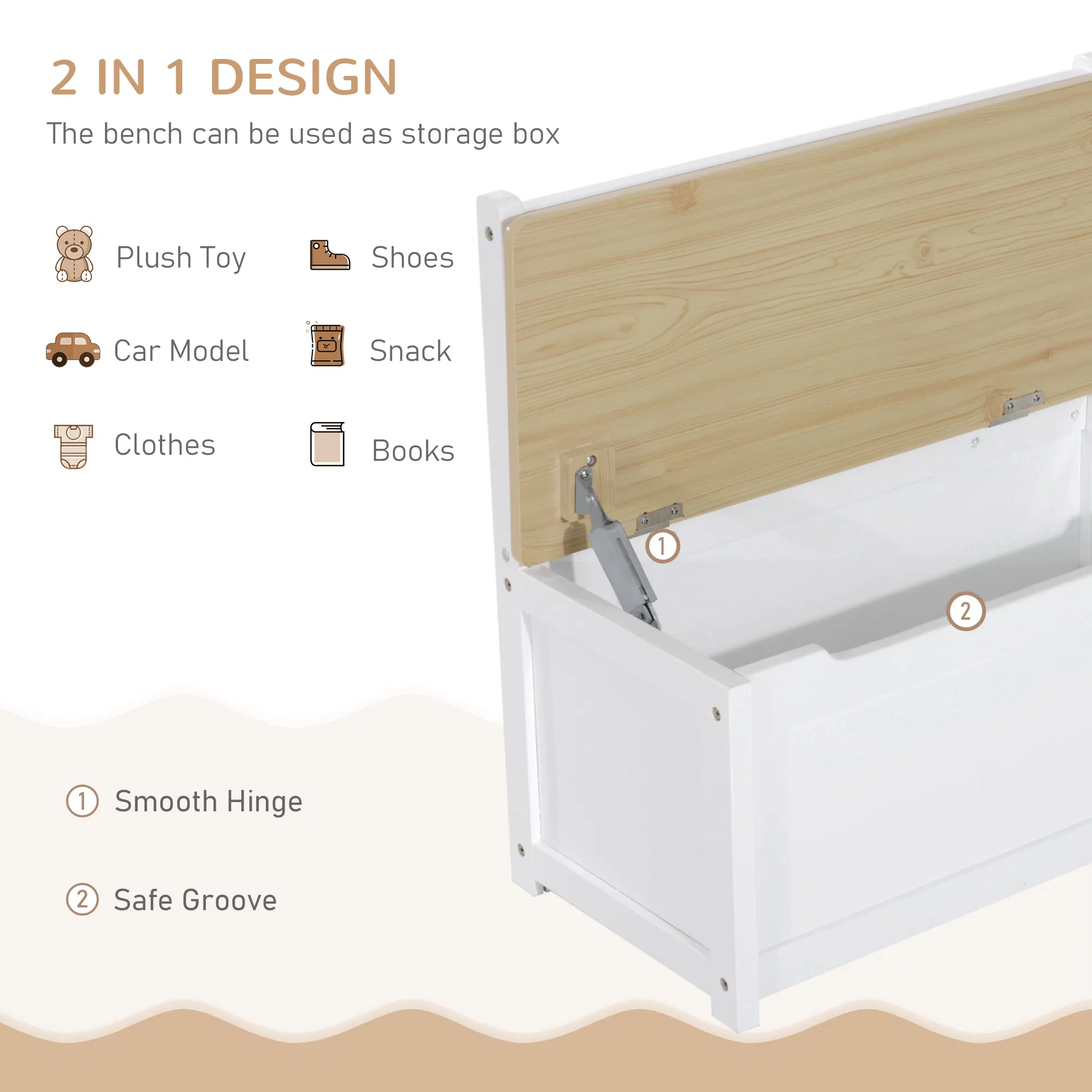 4-Piece Set Kids Wood Table Chair Bench with Storage Function Easy to Clean Gift for Girls Boys Toddlers Age 3 Years up Natural and White photo 5
