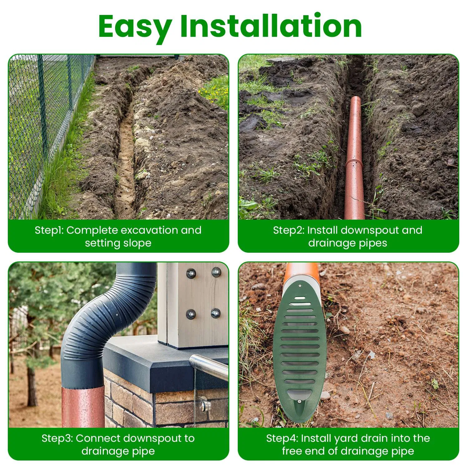4Inch Green Angled Yard Drainage Pipe With Sloped Grate Yard Drain Emitter For Sump Pump Discharge Downspout Extensions Inlet Outlet Yard Drain Compatible With 4' Connections photo 2