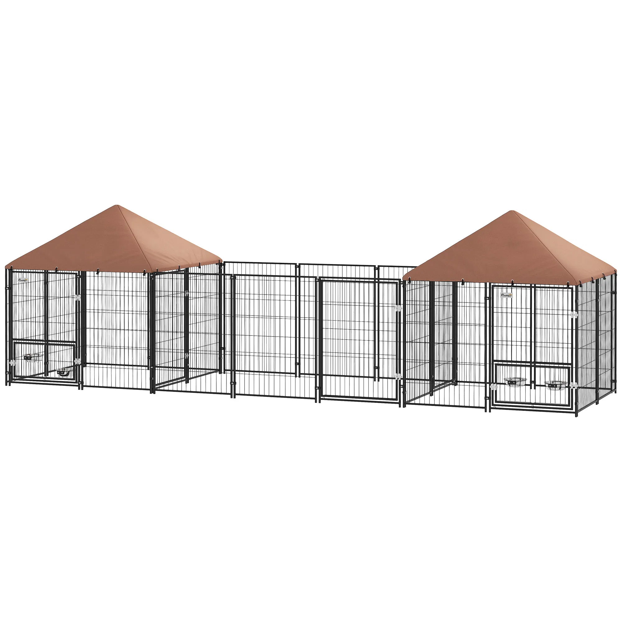 Outdoor Dog Kennel with 2 Rooms, Rotating & Adjustable Height Bowls, Waterproof UV-Resistant Cover, 16.2' x 4.7' x 5.1' photo 1