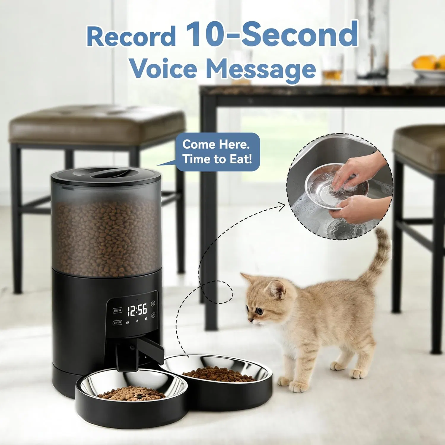 6L Automatic Cat Feeder for 2 Cats, Timed Cat Food Dispenser with 2 Stainless Bowls, 10s Voice Recorder, Dual Power Supply, 6 Meals 50 Portions Per Day, Dual Pet Feeder for Cat and Dog photo 3