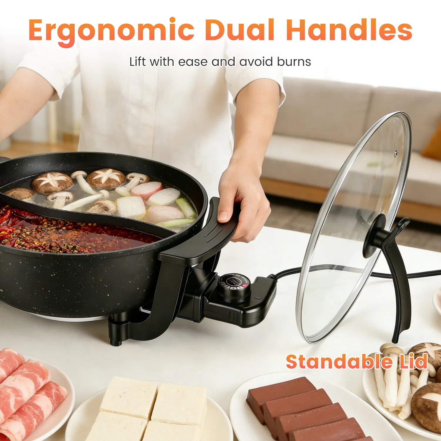 6L Electric Hot Pot with Divider 1100W Dual-Flavor Pot Shabu Shabu Pot Non-Stick with 5-Temp Control for Shabu Shabu Fondue Perfect for Family Gatherings & Parties photo 6