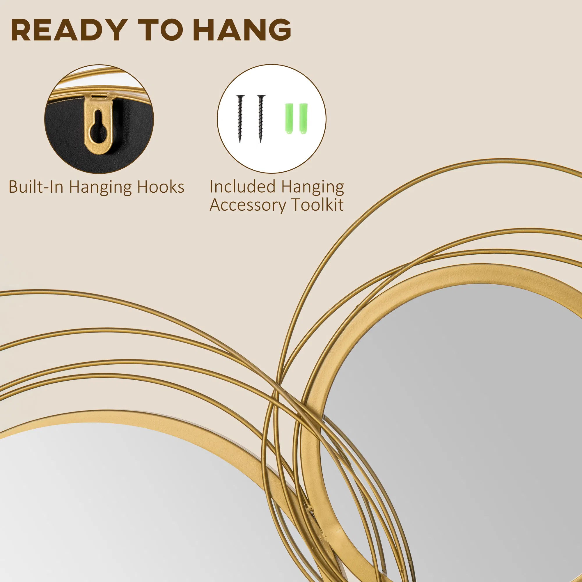 Metal Wall Art Gold Frame Circle Bathroom Mirror Decor Home Hanging Wall Sculptures for Living Room Bedroom Dining Room, 42.25" W x 22" H, Gold photo 3