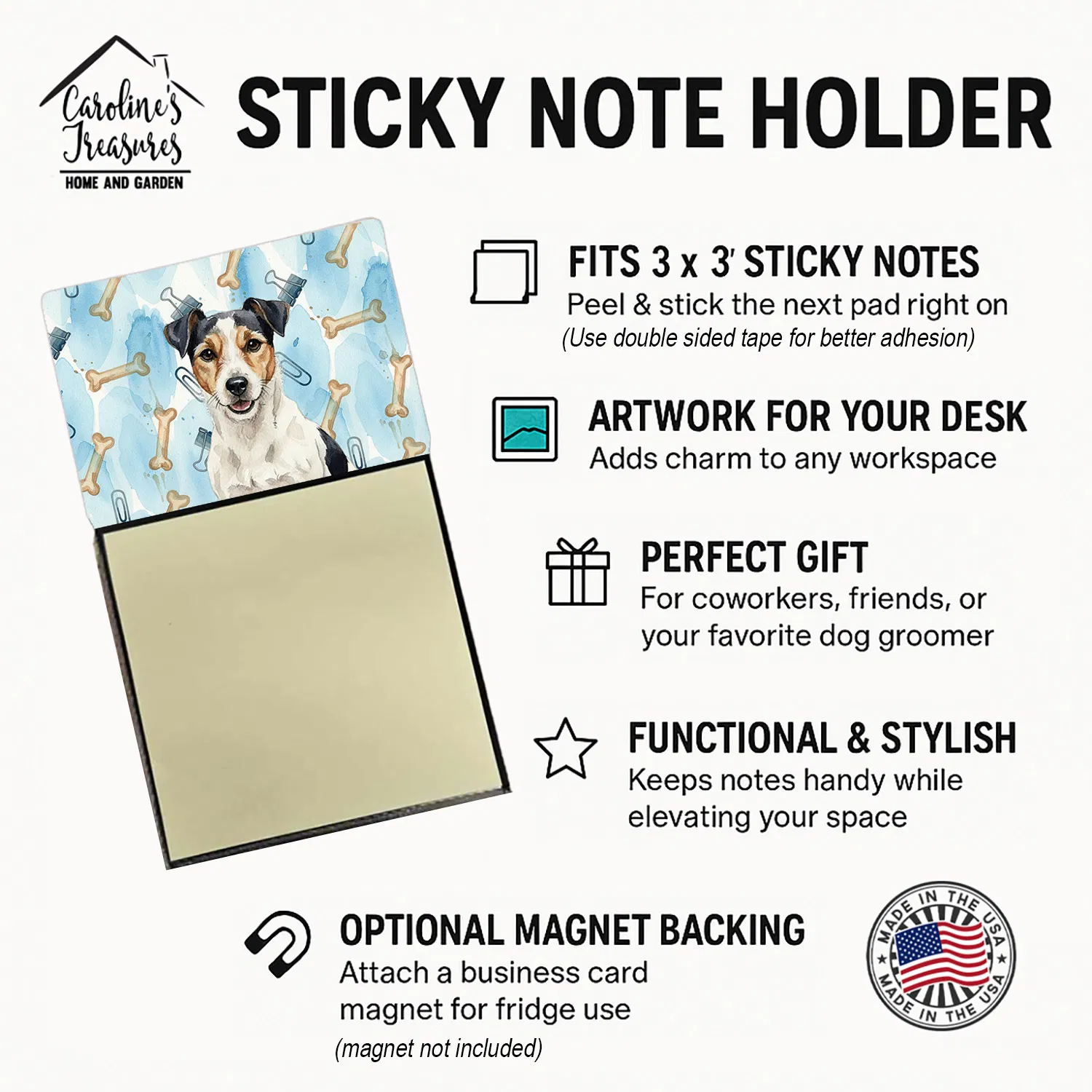 Parson Russell Terrier Coworker Watercolor Sticky Note Holder Refillable Dispenser Desk Accessory 3x3 Pad Gift photo 3